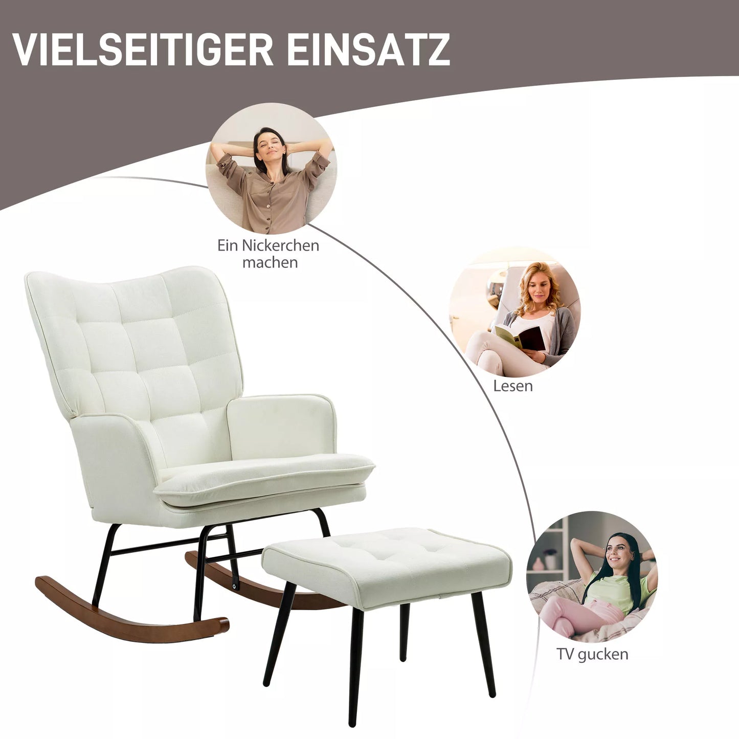 Supama kėdė su pakoja, švelnus supimosi mechanizmas, lininio audinio imitacija, 64 x 89 x 90 cm, kreminės baltos spalvos