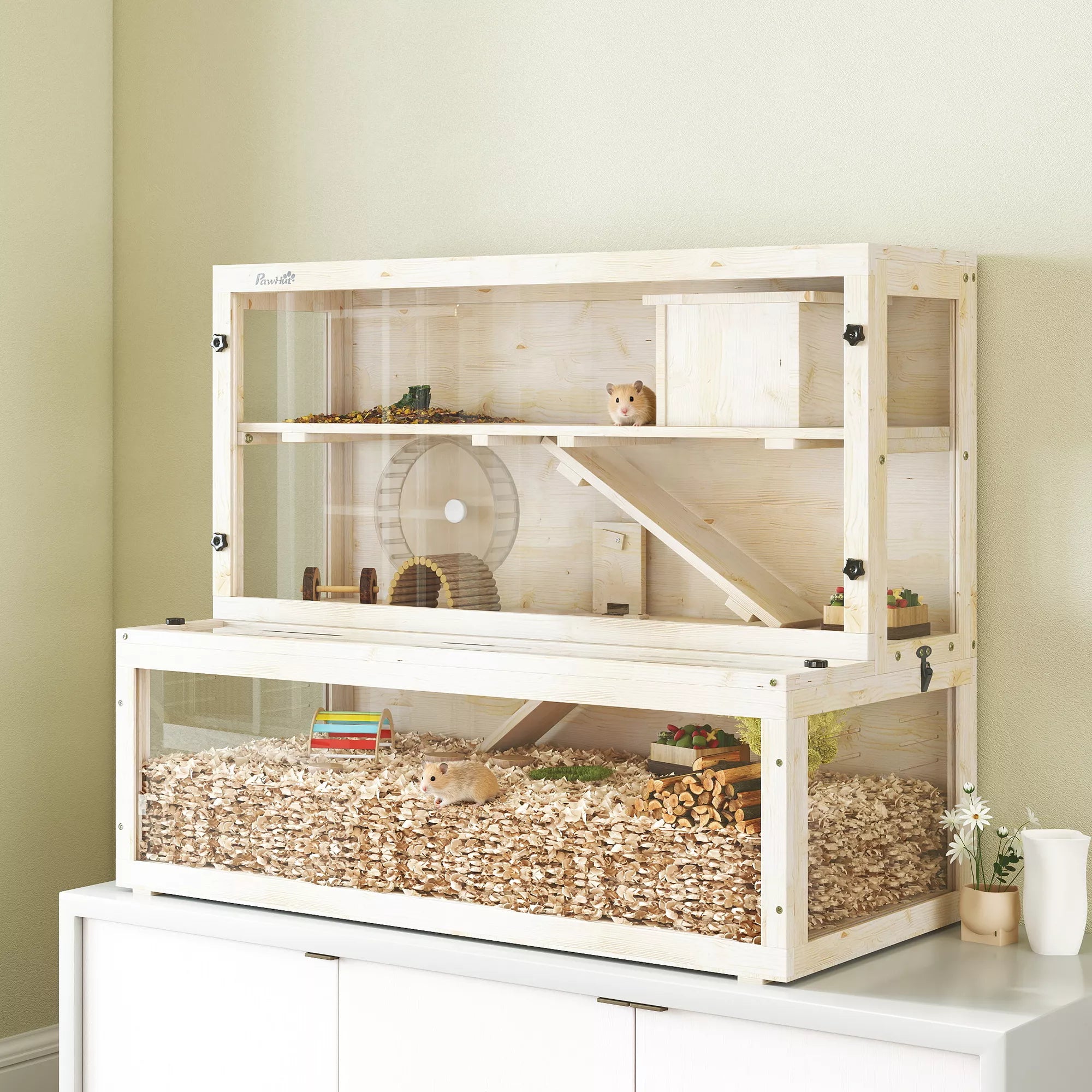 Hamsterio narvelis, 3 lygiai, namelis, priedai, 100 x 50 x 84 cm, keliems smulkiesiems gyvūnams, mediena, plastikas
