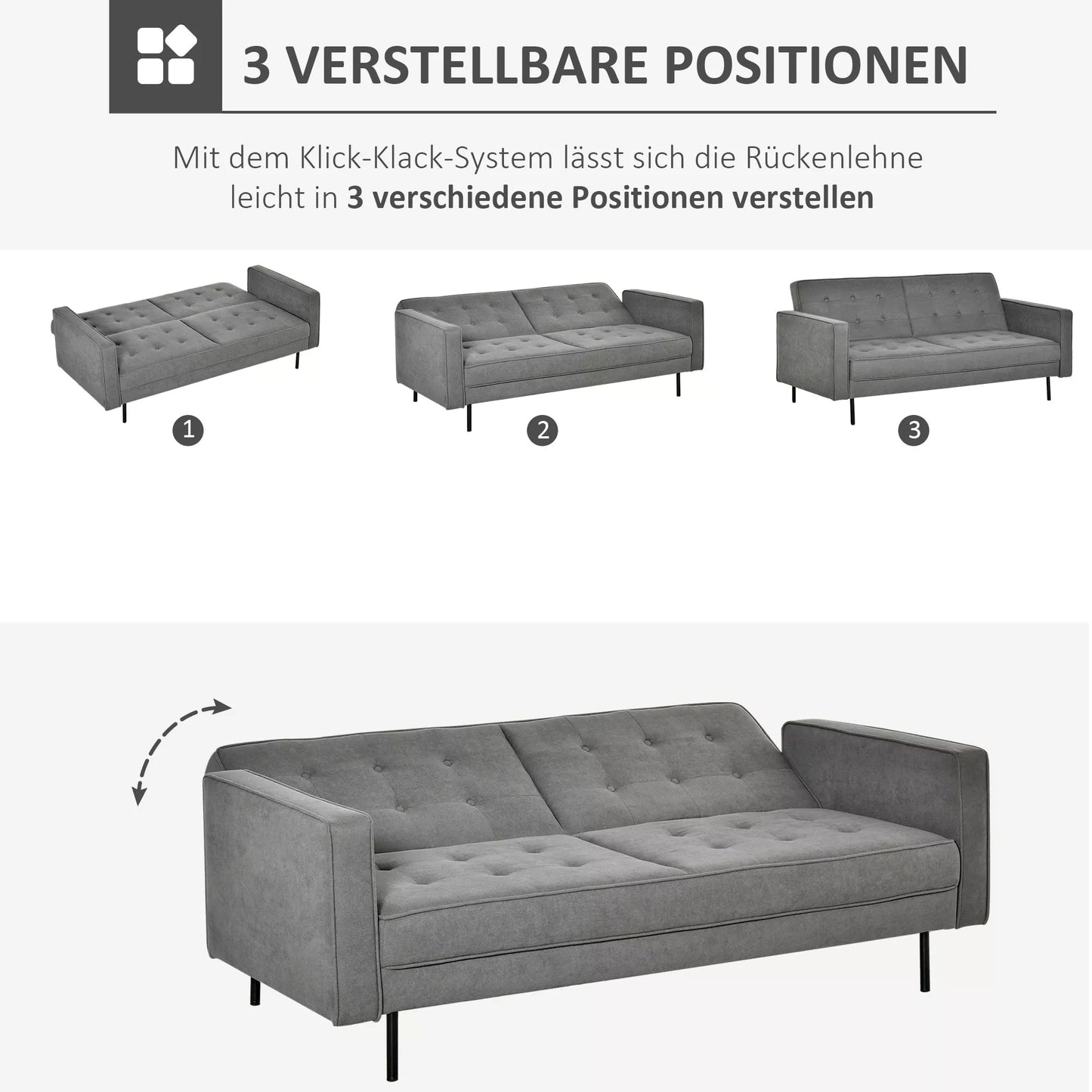 Miegamoji sofa 3 vietų, miegamoji sofa, audinio sofa su miegojimo funkcija, lova-sofa su reguliuojamu kampu, vintažinė, eukalipto mediena, medvilnė, pilka