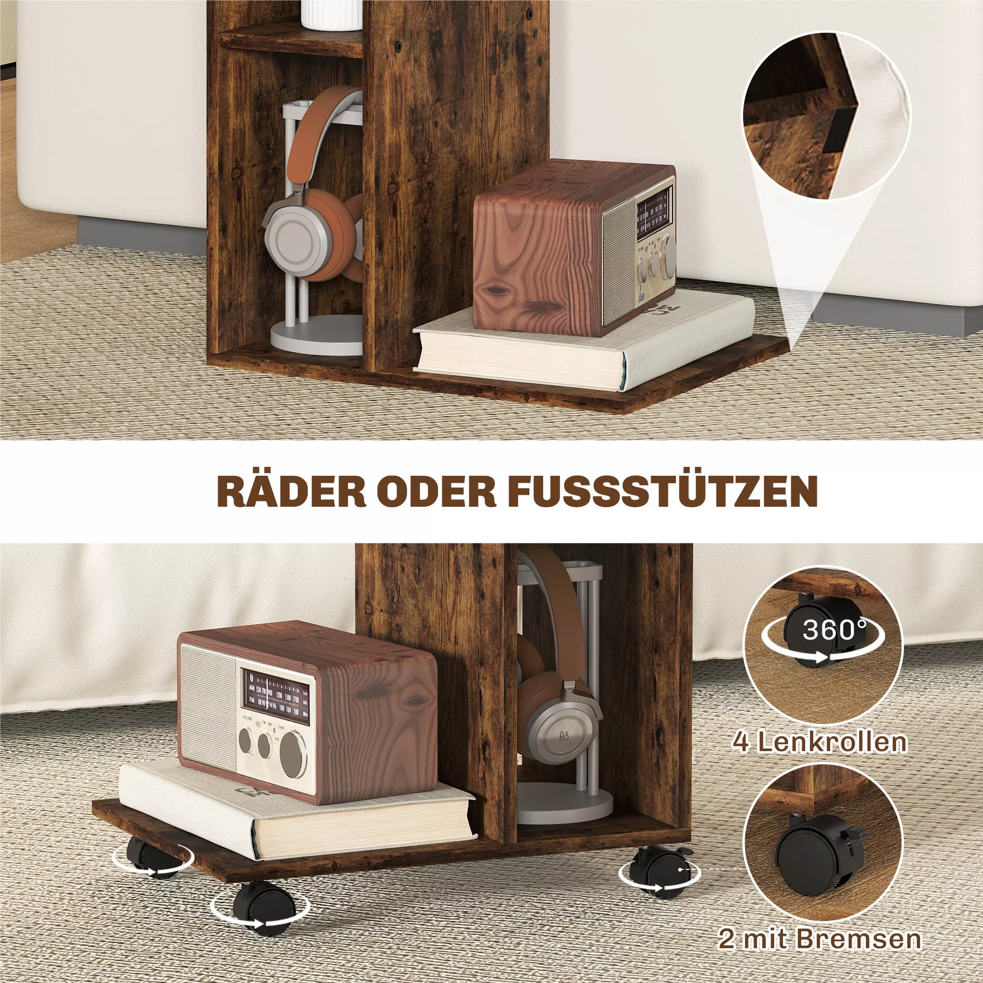 Stalinis staliukas, C formos serviravimo vežimėlis, 4 ratukai, 3 lentynos, 40 x 30 x 69 cm, Rusty-Brown