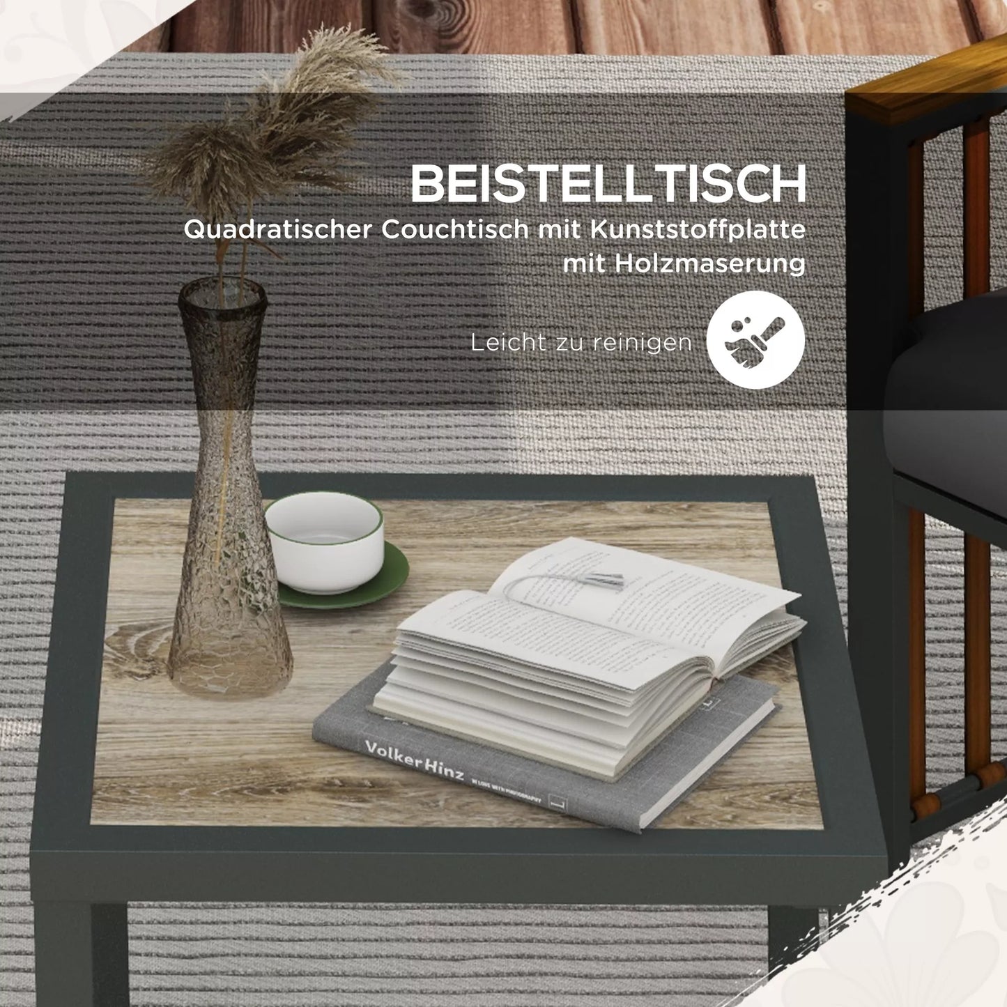 Sodo baldų komplektas, 3 dalių, su pagalvėlėmis, medžio imitacija, nerūdijančio plieno rėmas, pilkos spalvos