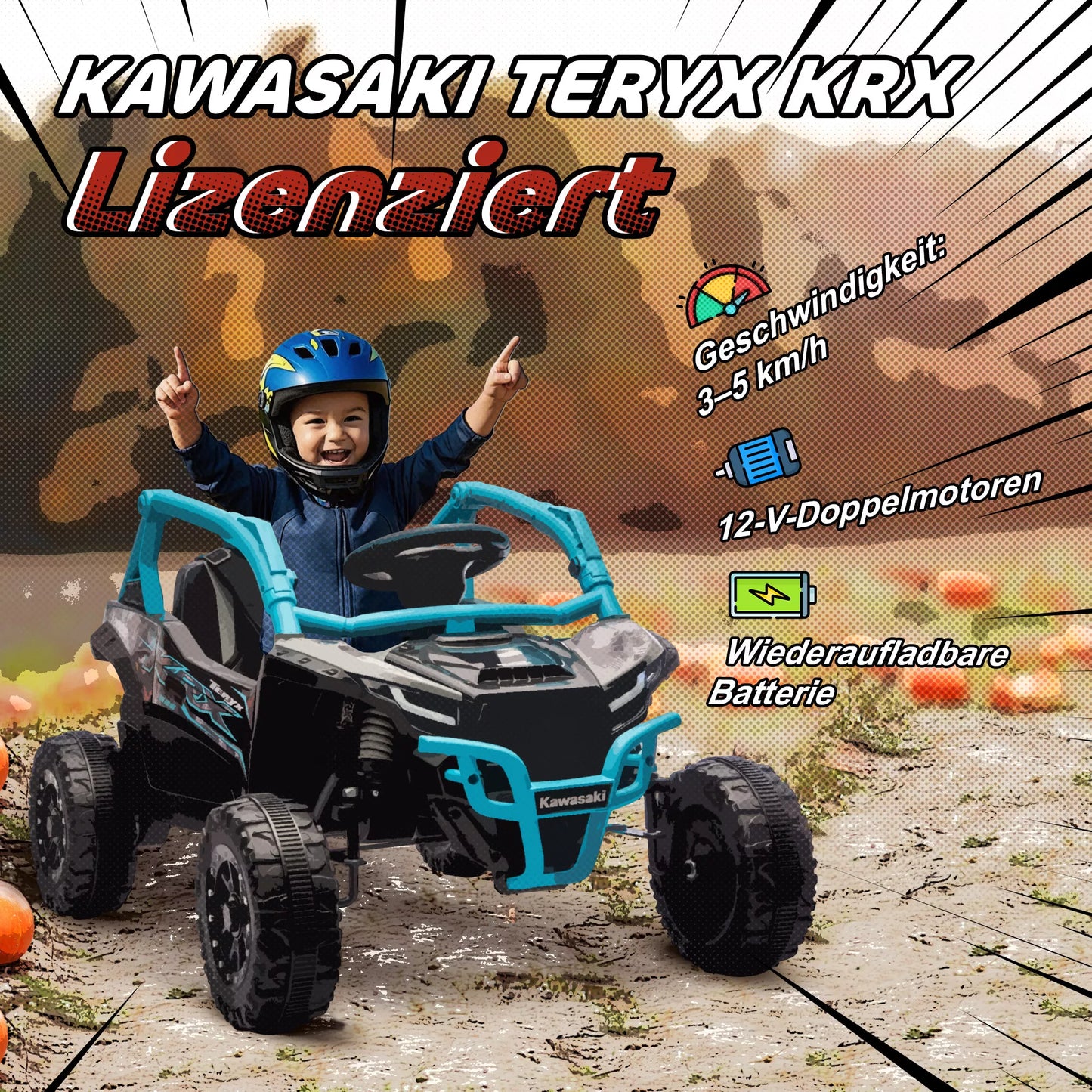 12V Elektrinis visureigis vaikams, nuotolinio valdymo pultas, LED žibintai, muzika, garso signalas, skirtas vaikams nuo 3-8 metų, mėlynas