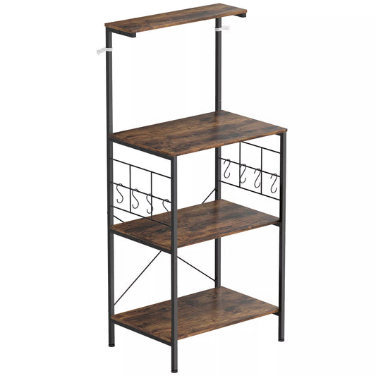 Virtuvinė lentyna, 4 pakopų dizainas, darbo plokštė, 8 kabliukai, metaliniai vamzdžiai, ruda+juoda