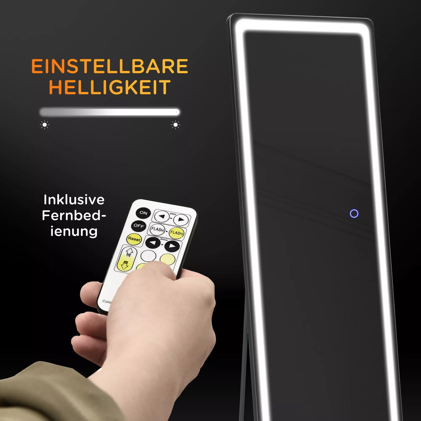 2-in-1 pastatomas veidrodis su LED apšvietimu, laisvai statomas, aliuminio, reguliuojamas apšvietimas, 40 cm x 37 cm x 157,5 cm