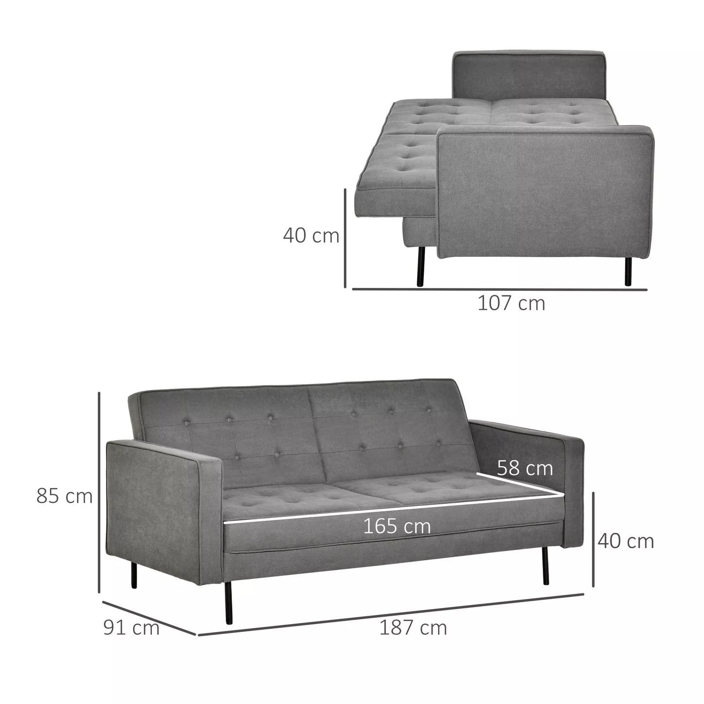 Miegamoji sofa 3 vietų, miegamoji sofa, audinio sofa su miegojimo funkcija, lova-sofa su reguliuojamu kampu, vintažinė, eukalipto mediena, medvilnė, pilka