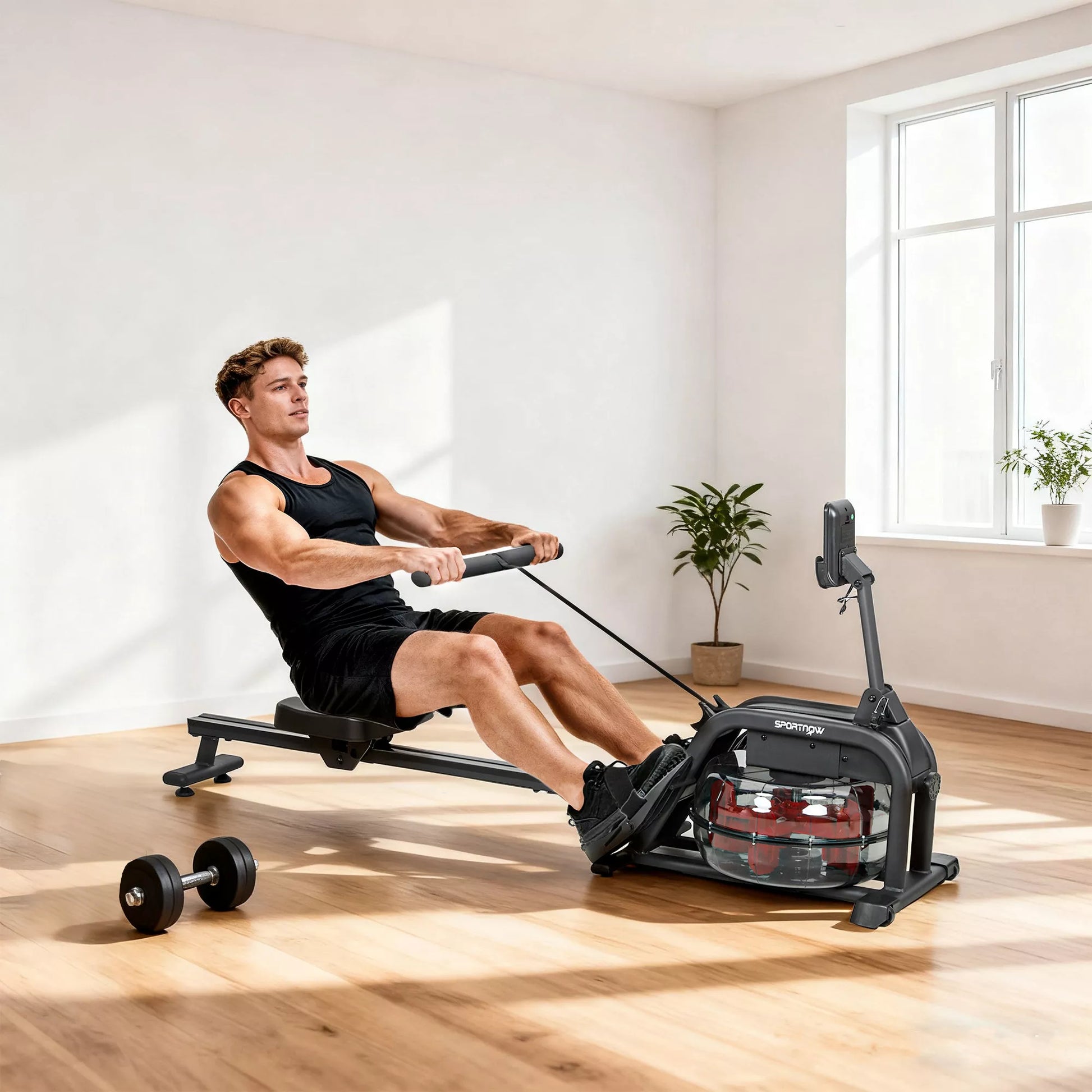 Irklavimo treniruoklis, irklavimo staklės su 6-11 L vandens baku, LCD monitoriumi, telefono laikikliu, 135 kg keliamoji galia, plienas, juodas