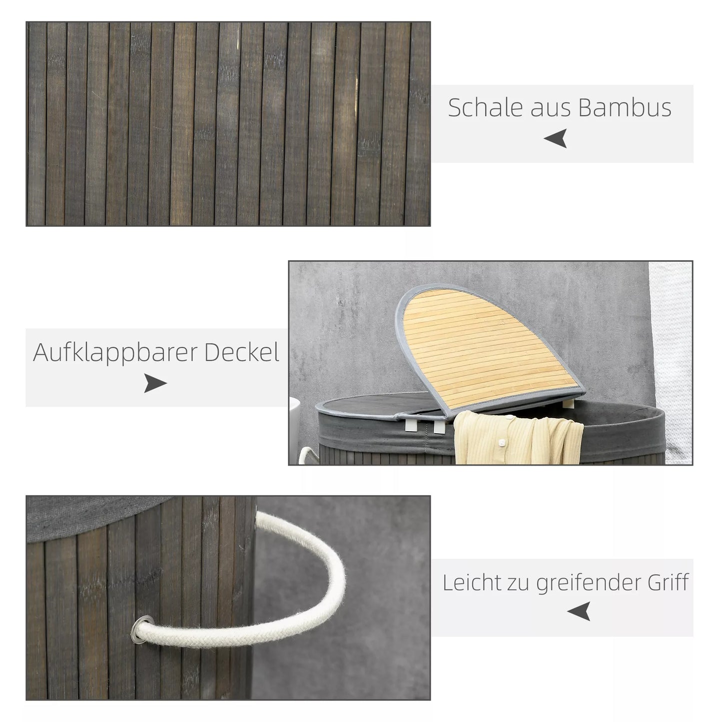 100 L skalbinių krepšys su dangčiu, rankenomis, 2 skyriais, išimamu skalbinių maišu, miegamajam, vonios kambariui, bambukas, pilkos spalvos