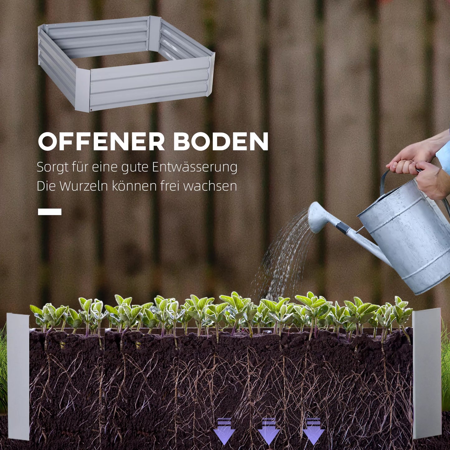 Augalų dėžė, 2 vnt. rinkinys, gėlių dėžė, atviras dugnas, plieno rėmas, pilka, (2 x) 100 x 100 x 30 cm