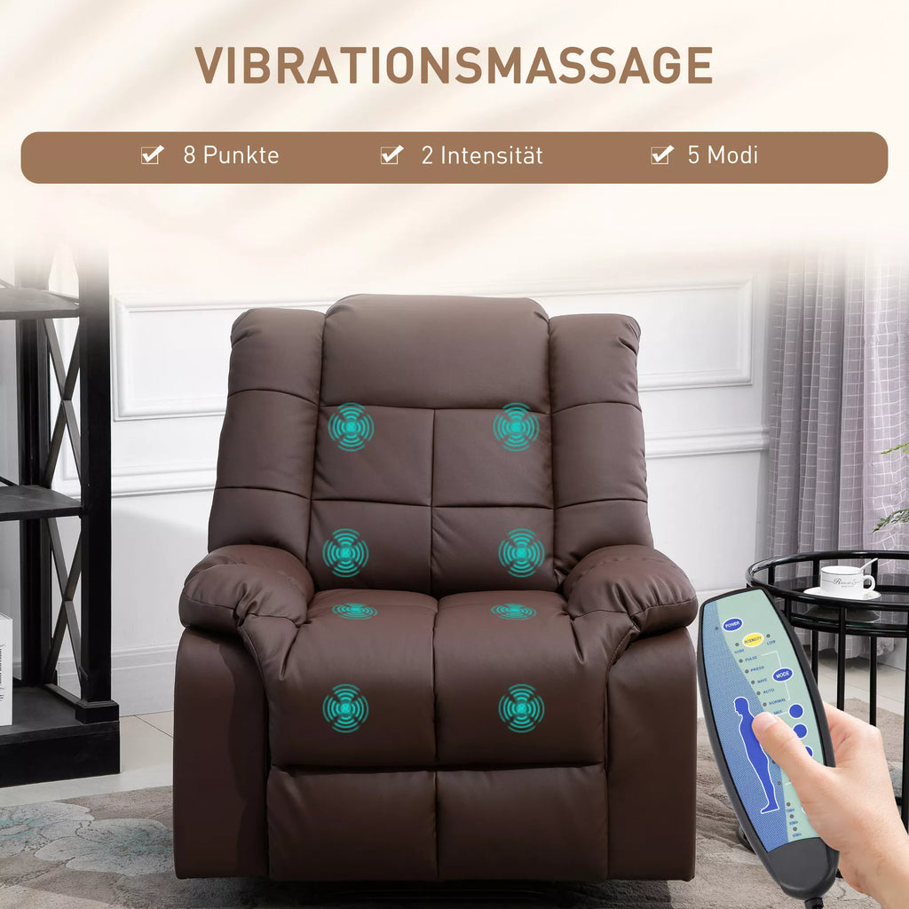 Massage chair, reclining with remote control 94 x 99 x 99 cm, brown faux leather