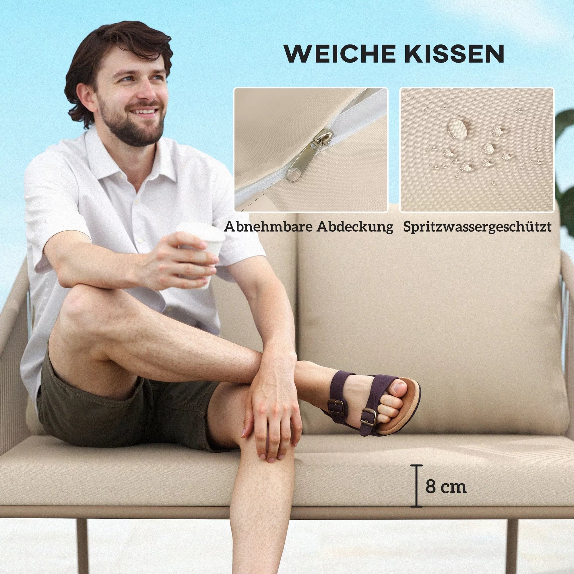 2-vietė rotango sofa su pagalvėlėmis, poilsio sofa, atspari oro sąlygoms, smėlio spalvos