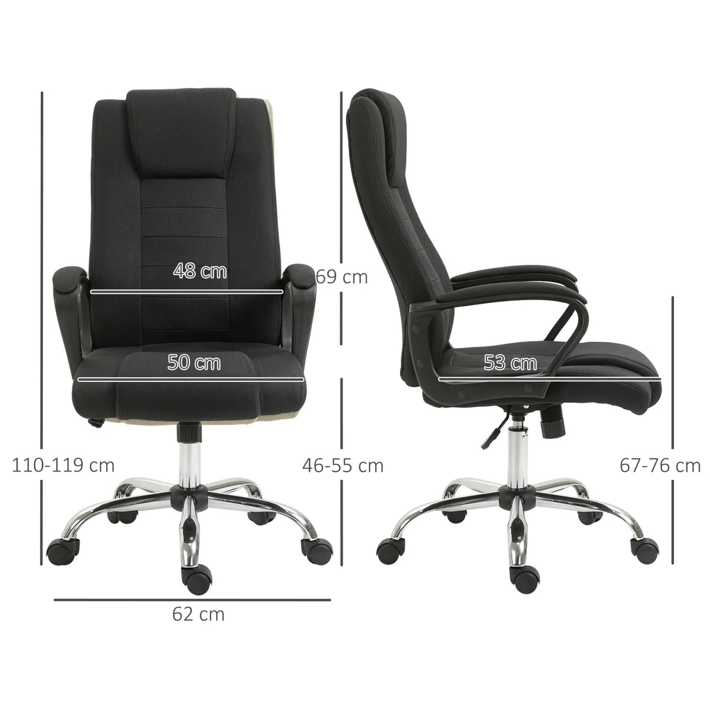 Biuro kėdė, kompiuterinė kėdė su svyravimo funkcija, galvos atrama, ergonomiška rašomojo stalo kėdė, sukiojama, reguliuojamo aukščio, „Linen-Touch“ juodos spalvos, 62 x 76 x 110–119 cm