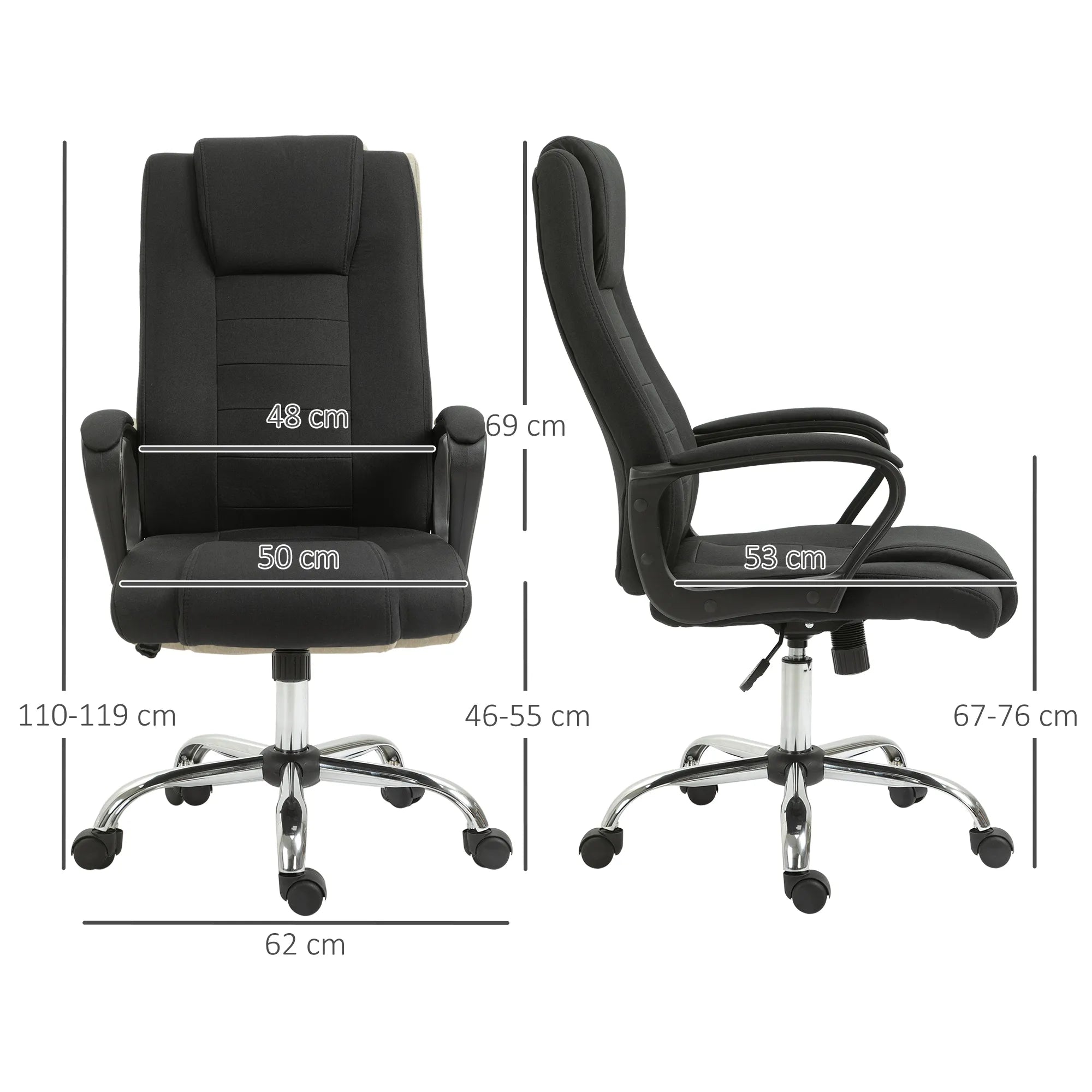 Biuro kėdė, kompiuterinė kėdė su svyravimo funkcija, galvos atrama, ergonomiška rašomojo stalo kėdė, sukiojama, reguliuojamo aukščio, „Linen-Touch“ juodos spalvos, 62 x 76 x 110–119 cm