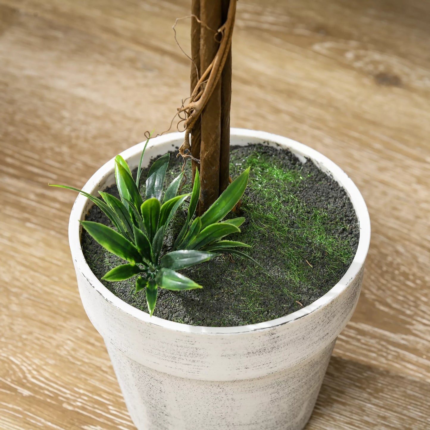 2 vnt. dirbtinių levandų medelių rinkinys, 60 cm aukščio, su vazonu ir dirbtinėmis samanomis, baltos spalvos