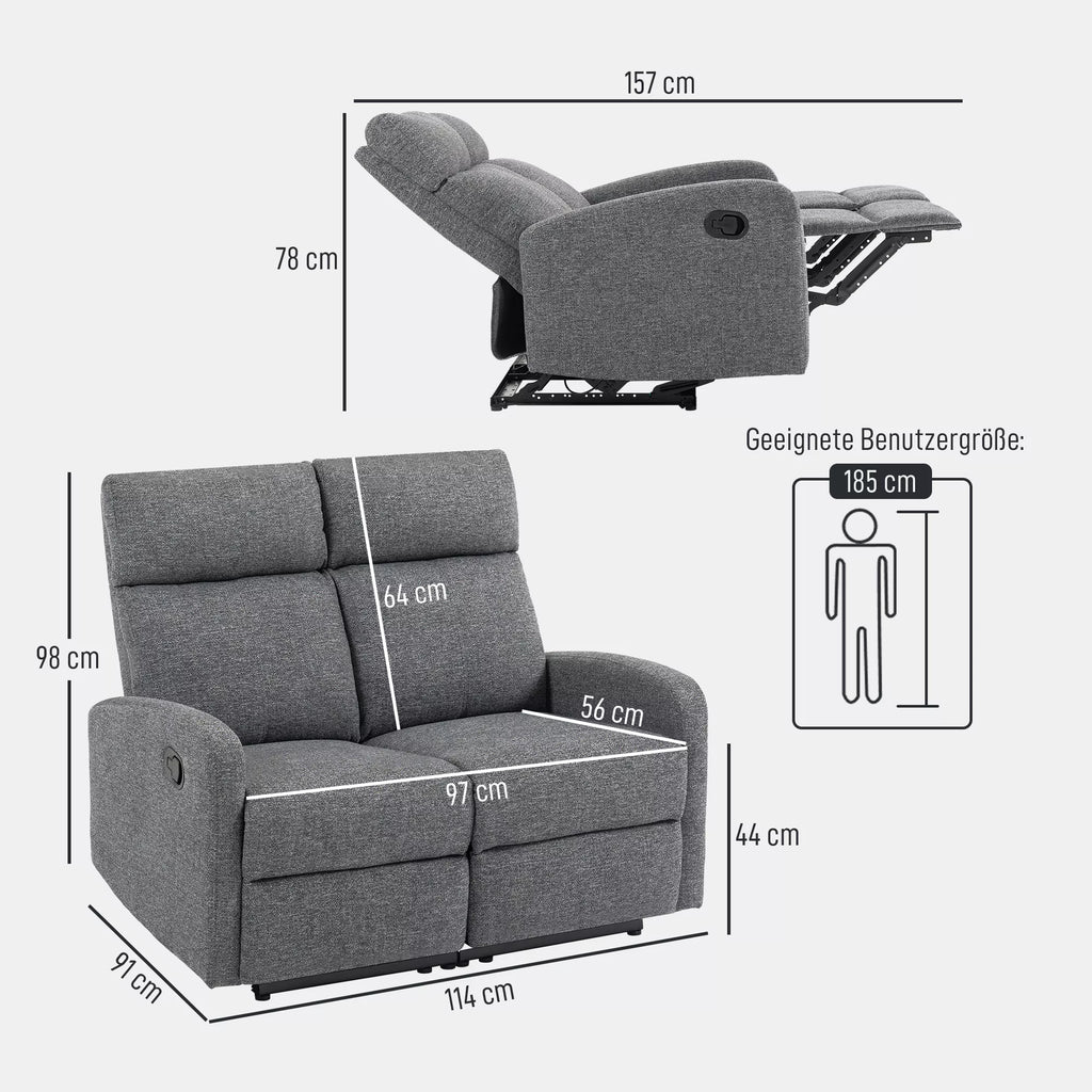 2 vietų sofa, individualiai reguliuojamos atlošos, kojų atrama, audinio apmušalas, plienas, pilka