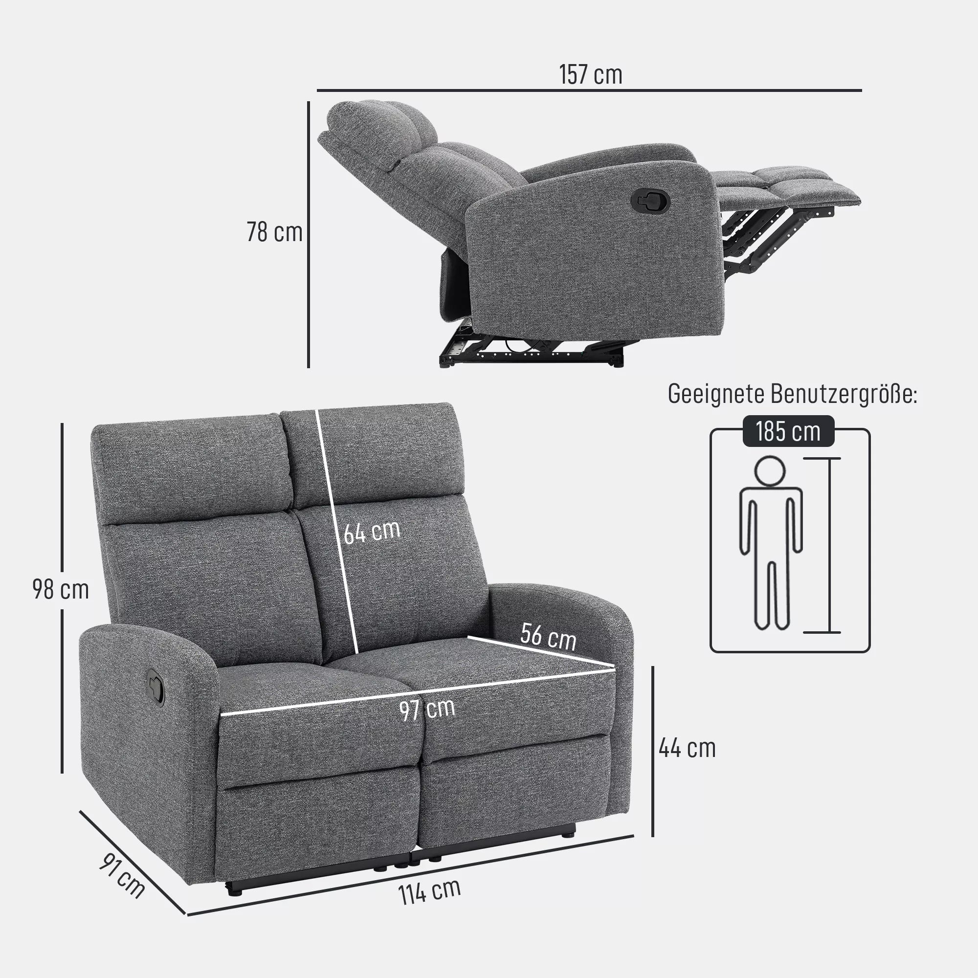 2 vietų sofa, individualiai reguliuojamos atlošos, kojų atrama, audinio apmušalas, plienas, pilka