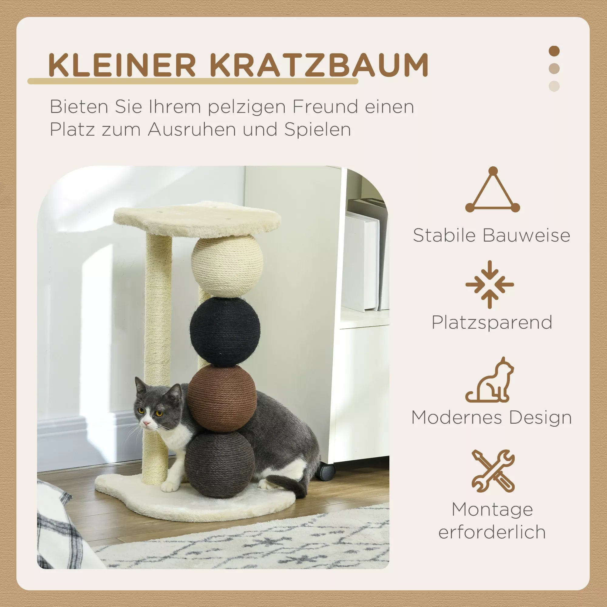 Draskyklė katėms, kačių draskymo medis su platforma, draskymo stulpas su 2 sizaliniais stulpeliais ir 4 sizaliniais kamuoliukais, katės draskyklės žaislas, 38 x 38 x 64 cm