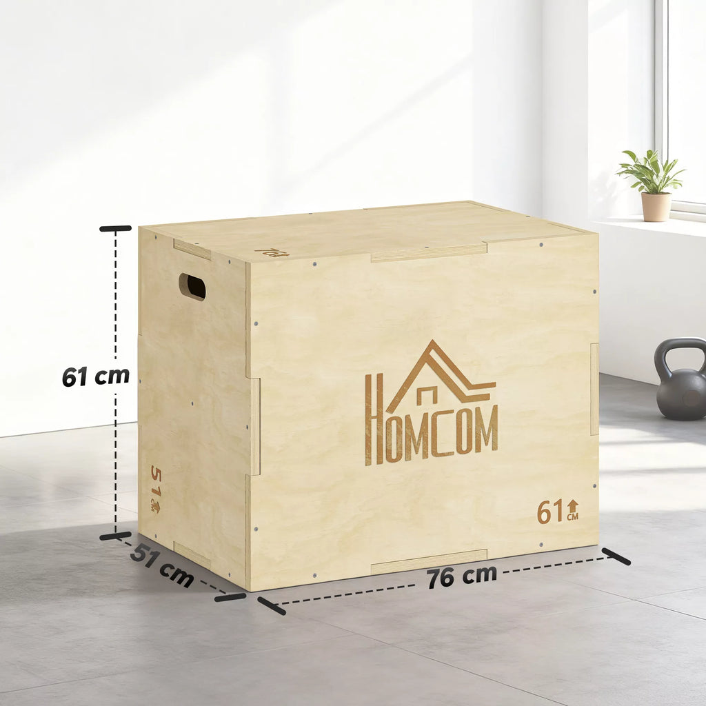 3-in-1 Plyo Box medinė pliometrinė šokimo dėžė su 3 šokimo aukščiais rankenomis 61 x 51 x 76 cm natūralaus medžio