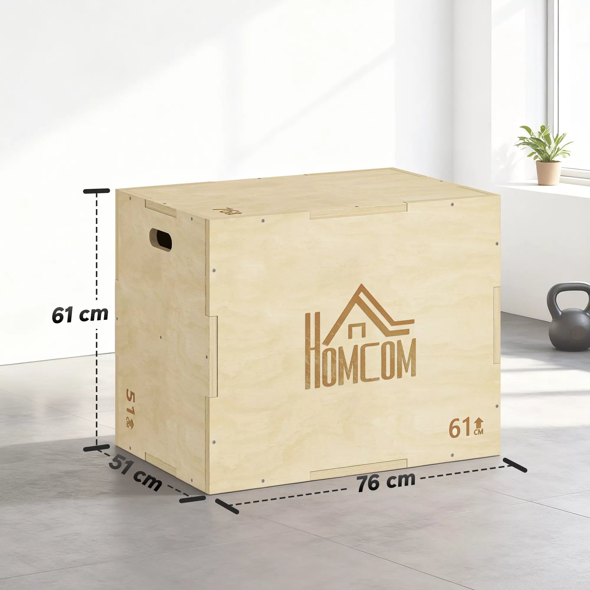 3-in-1 Plyo Box medinė pliometrinė šokimo dėžė su 3 šokimo aukščiais rankenomis 61 x 51 x 76 cm natūralaus medžio