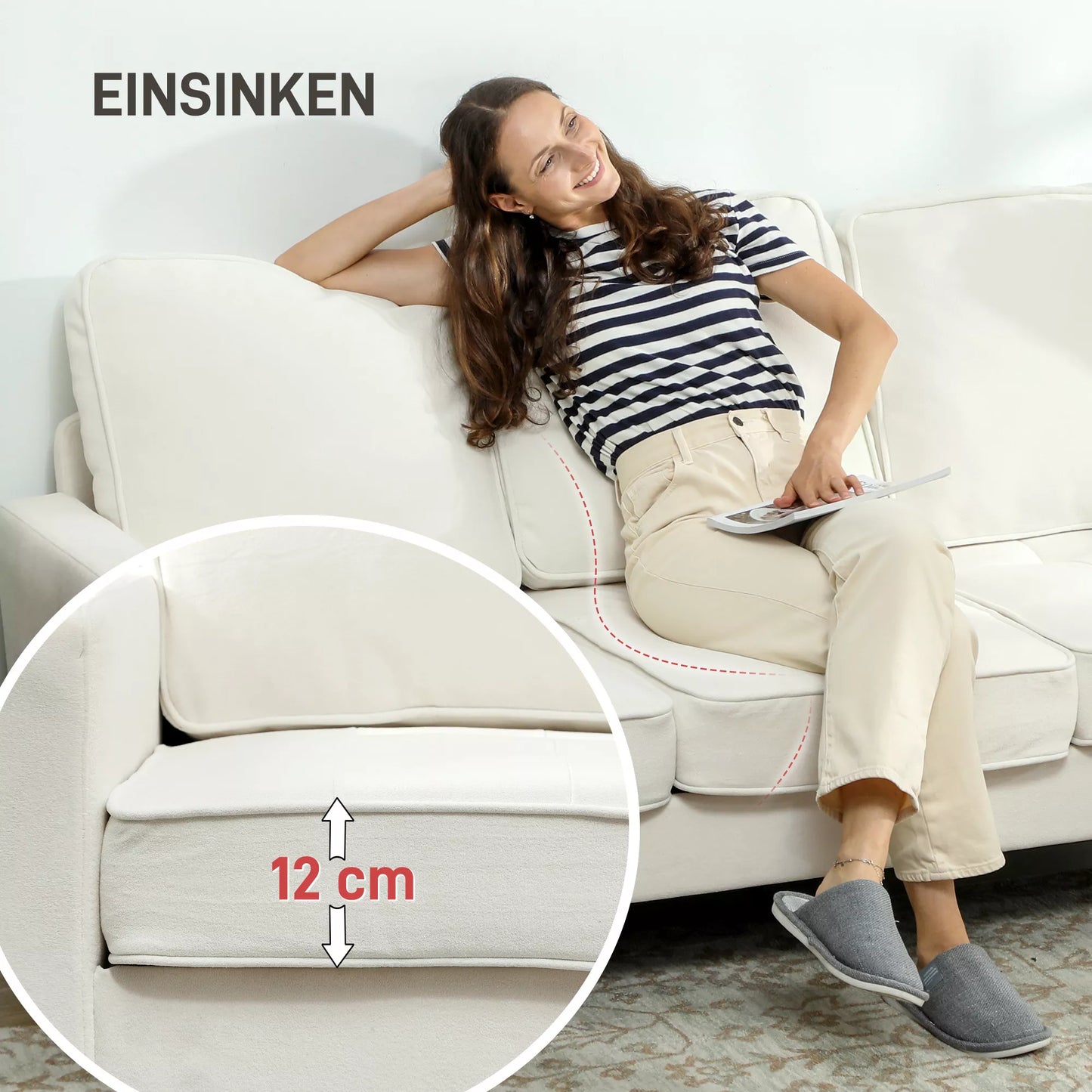 3 vietų sofa su storais pagalvėlėmis, kaučiuko medis, audinio apmušalas, minkšta sofa svetainėms, biurams, miegamiesiems, kreminė balta spalva