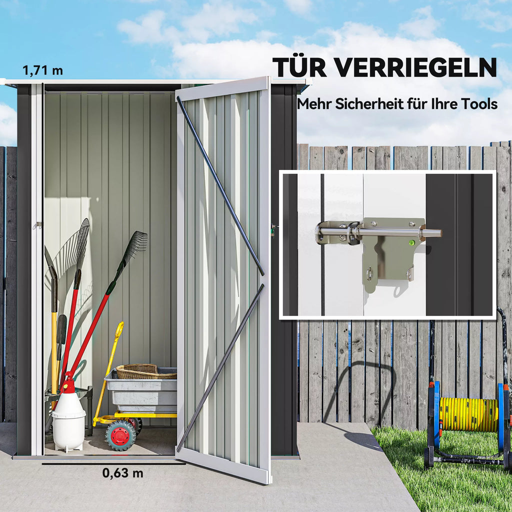 Metalinis įrankių sandėliukas 1,07 m² 142 x 86 x 189 cm Įrankių sandėliukas su vienšlaičiu stogu Užrakinamos durys, atsparus atmosferos poveikiui Sodo namelis Lauko sodo sandėliukas kiemui Lauko erdvė Tamsiai pilkos spalvos