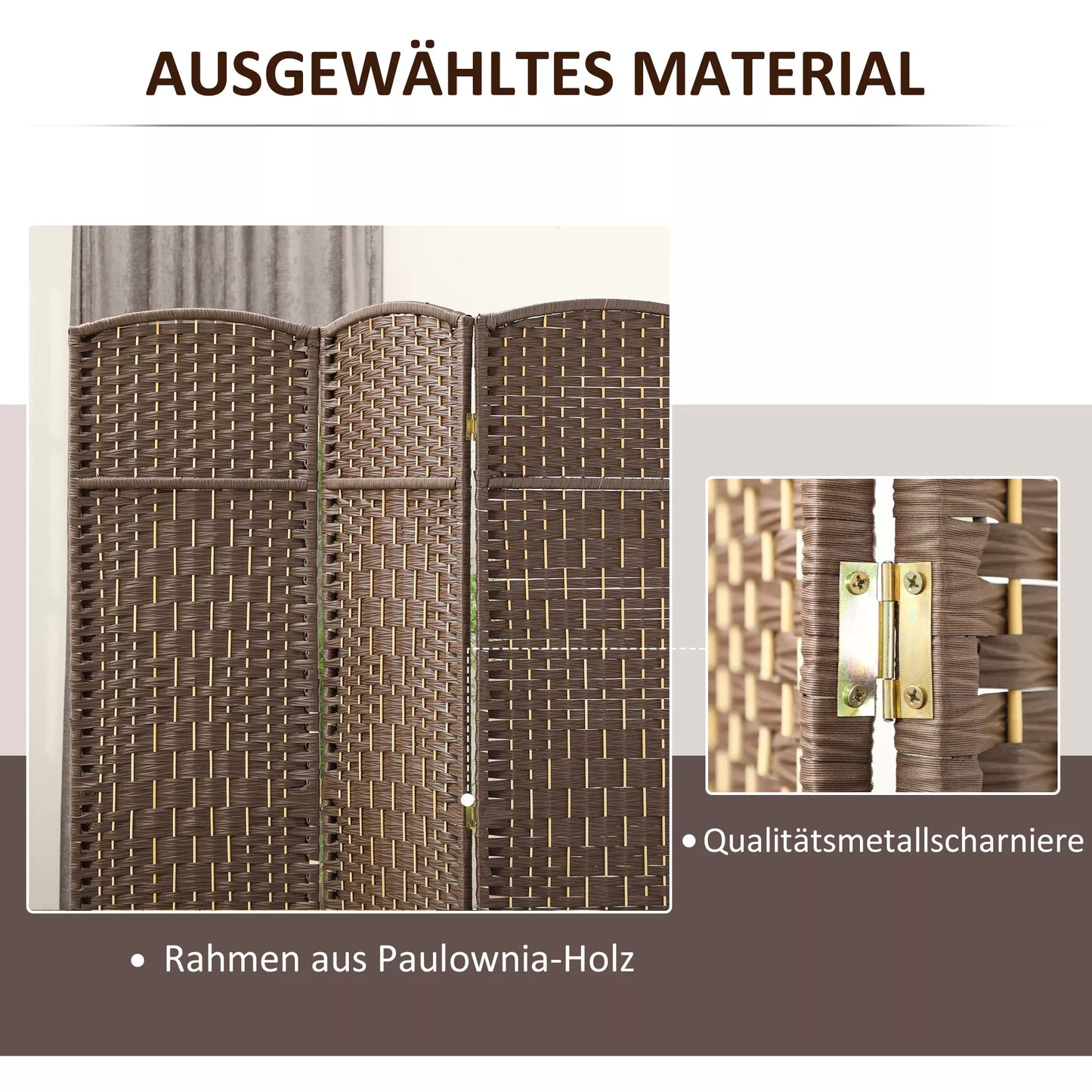 3 dalių sulankstoma pertvara su pintų raštų, pušies medienos, ruda