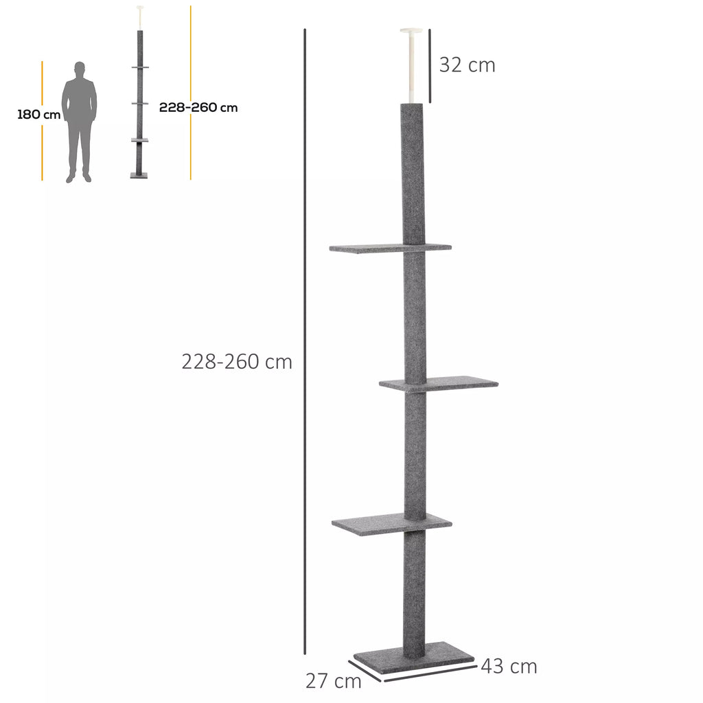 Kratzbaum iki lubų aukščio 228-260 cm Katės medis su platformomis Daugiaaukštis katės medis Laipiojimo medis mažoms ir didelėms katėms, pilkos spalvos