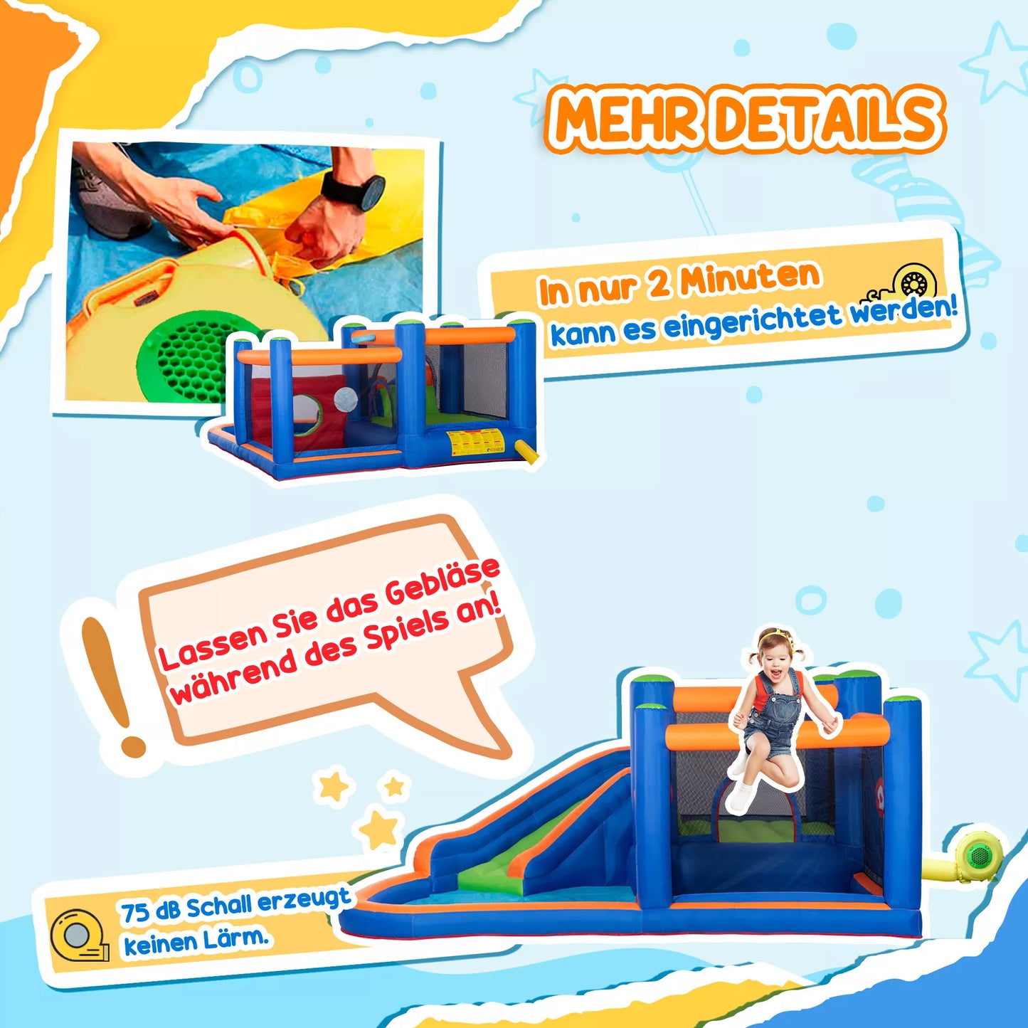 Šokinėjančioji pilis su raukiniais, šokinėjimo zona, baseinas, pripučiama, su elektrine pompa, skirta iki 3 vaikams, 380 x 340 x 170 cm