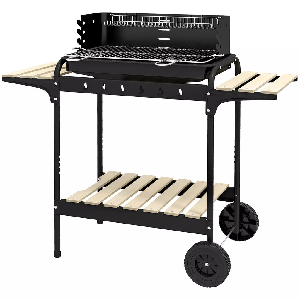 Metalinis anglies grilis BBQ Smoker su ratukais, aukščio reguliuojamas grotelių aukštis, medienos dėklas 103x47x95 cm Juodas