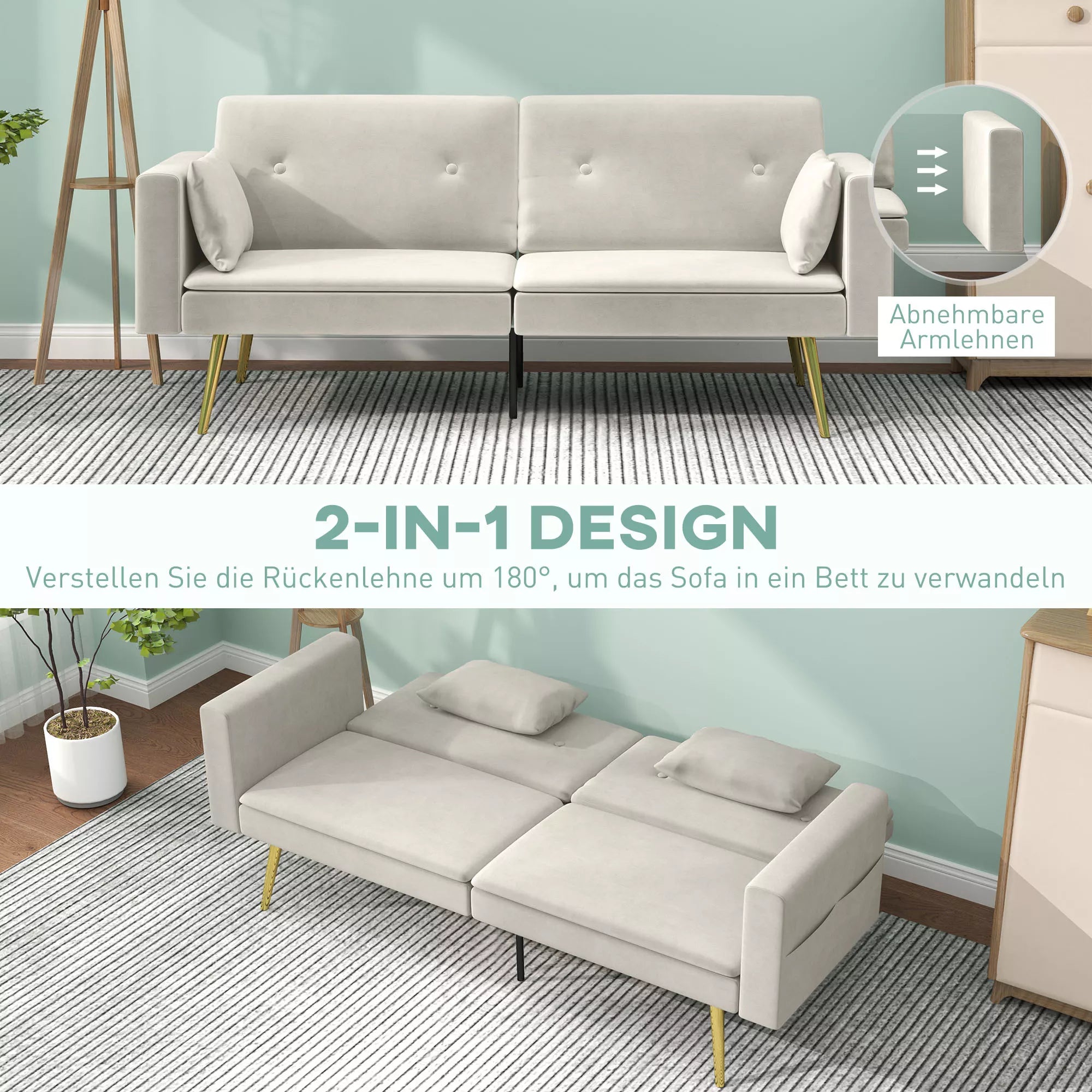 2 vietų sofa-lova, reguliuojama atlošas, minkštos pagalvės, aksominis gobelenas, svetainei, svečių kambariui, smėlio spalvos