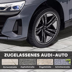 Pilko Audi RS e-tron GT elektromobilio ratas su detaliu diskų piešiniu, artimas vaizdas
