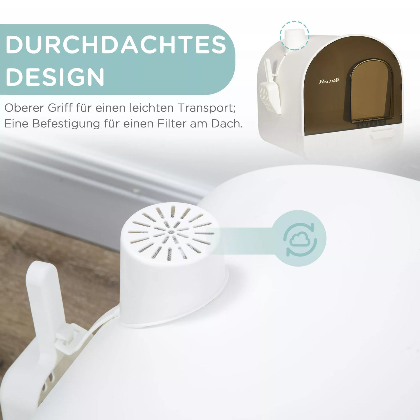 Kačių tualetas su filtru, 1 atsarginiu filtru, 1 grindų kilimėliu, 43 cm x 44 cm x 47 cm, Juoda + Balta PawHut