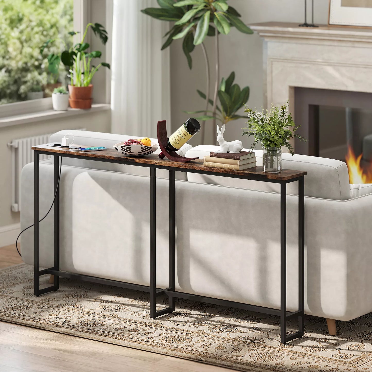 Plonas konsolinis staliukas su įkrovimo stotele, pramoninio stiliaus, plieninis rėmas, rudas