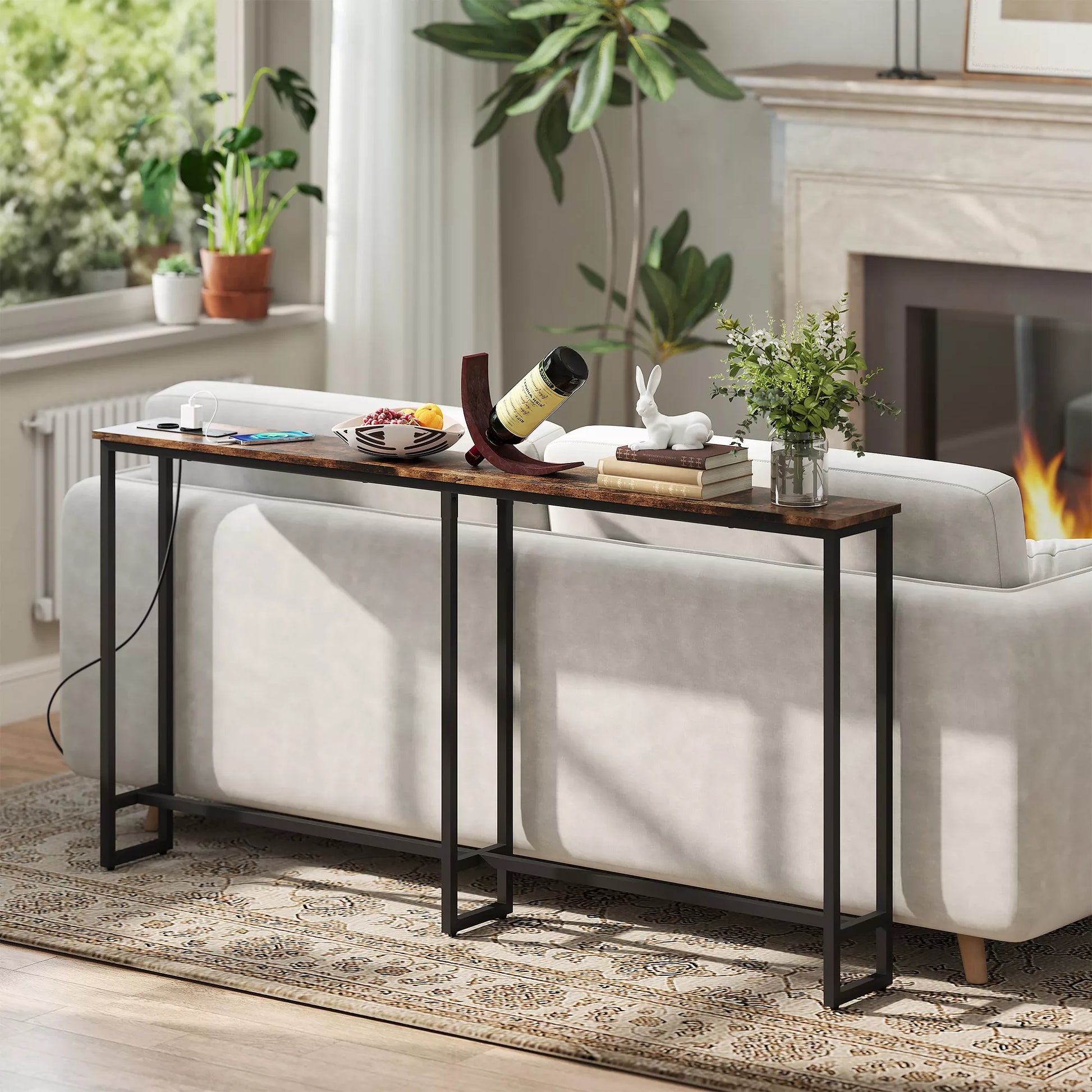 Plonas konsolinis staliukas su įkrovimo stotele, pramoninio stiliaus, plieninis rėmas, rudas