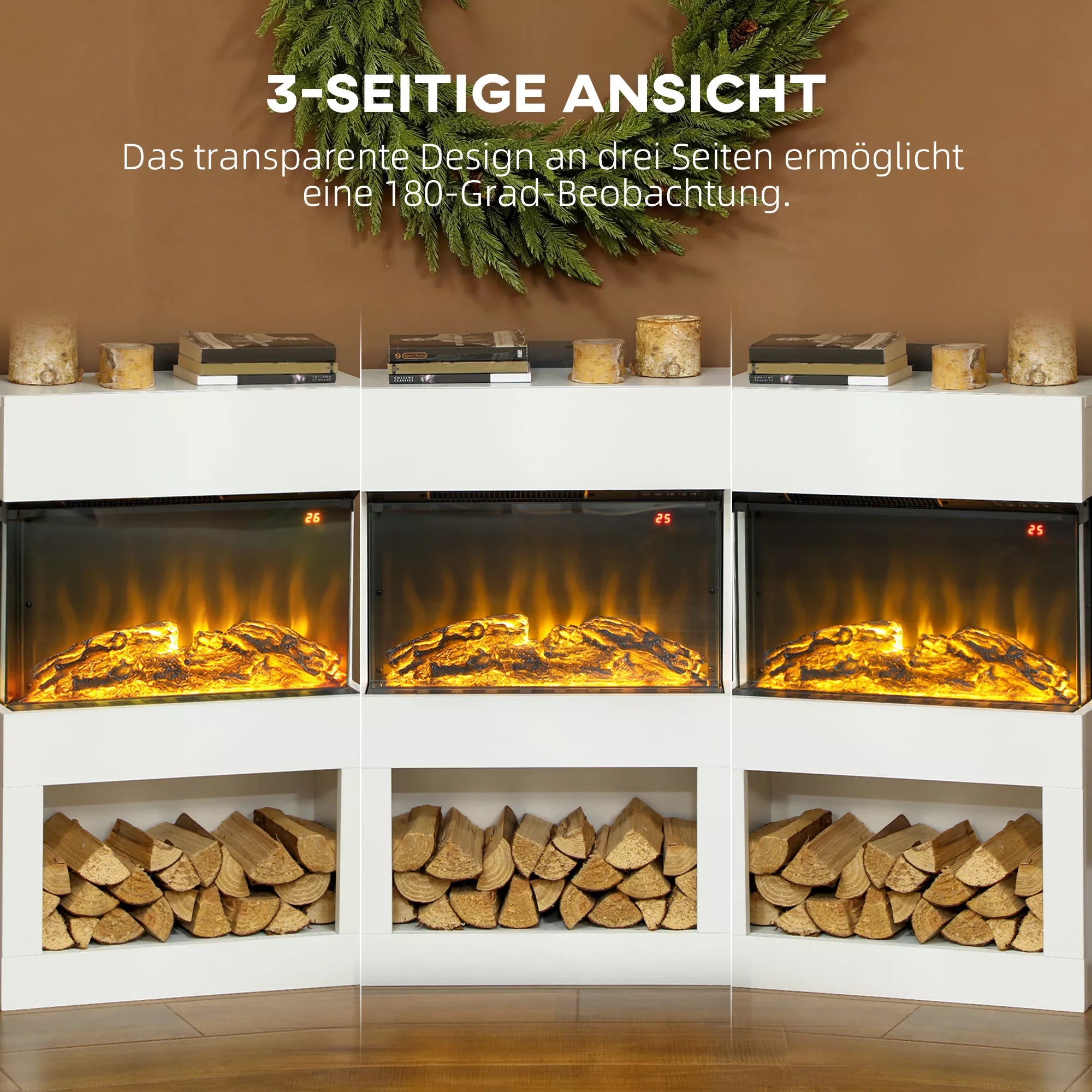 Elektrinis židinys, 2 šildymo lygiai, 6 liepsnos spalvos, termostatas, nuotolinio valdymo pultas, baltas