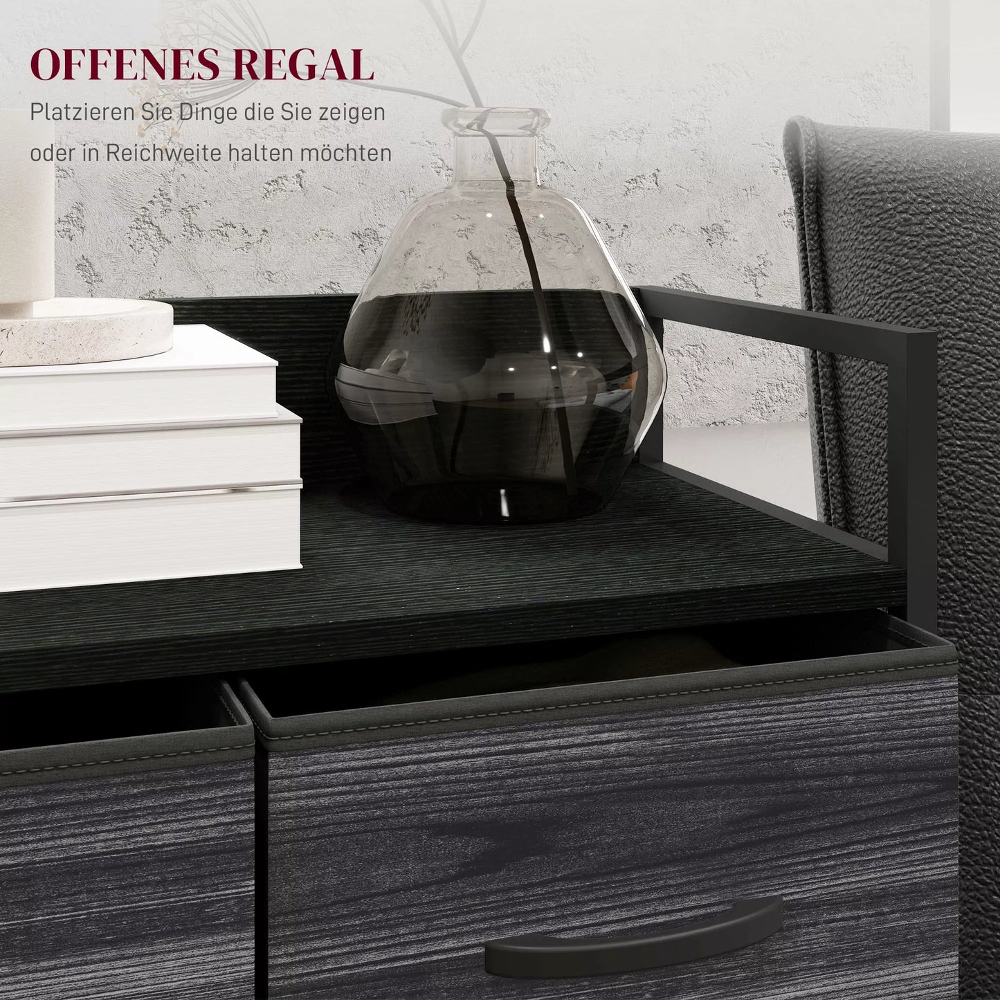 Industrinio stiliaus komoda, keturių medžiaginių stalčių spintelė su metaliniu rėmu, plienas ir tekstilė, mdf, 60x29x85 cm, juoda