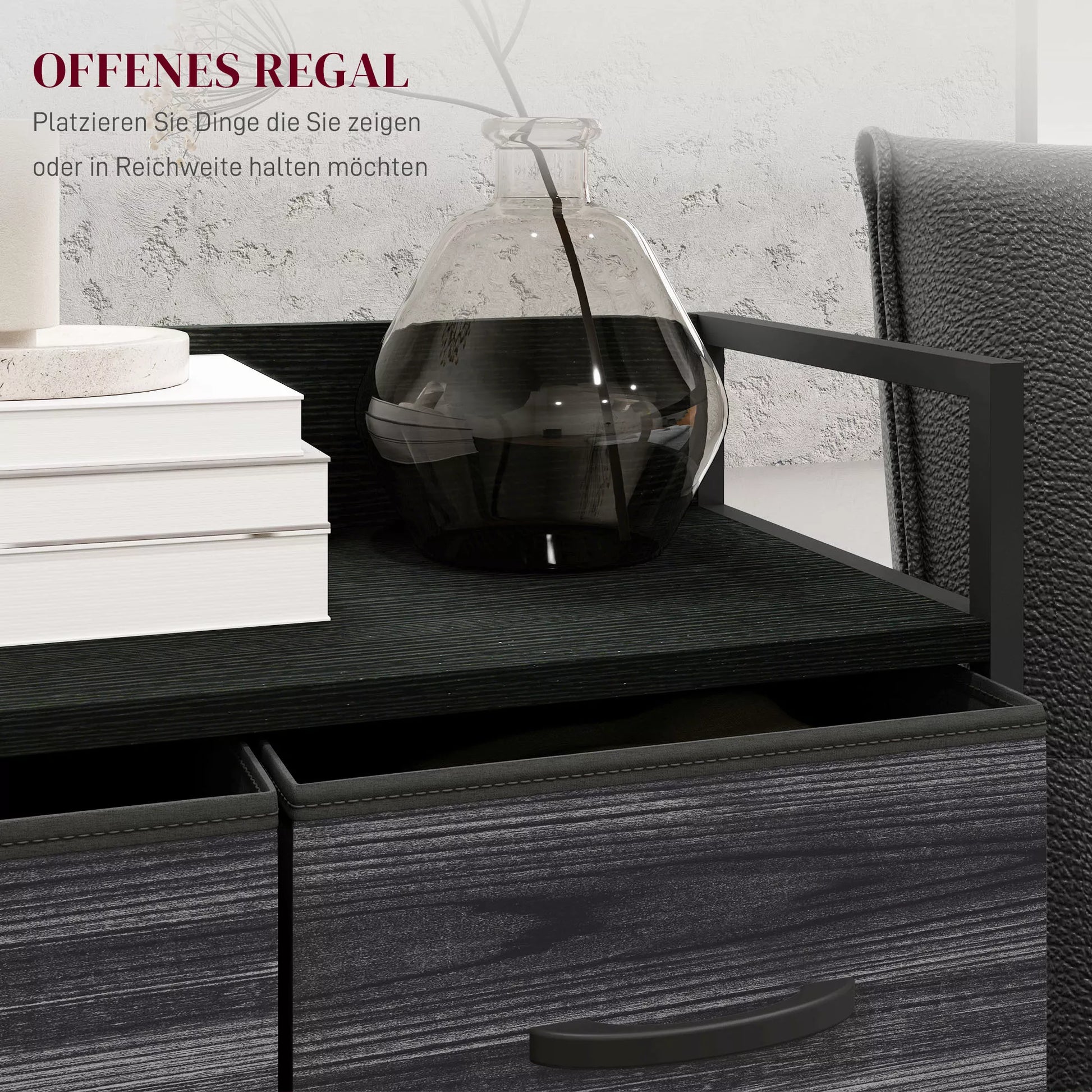 Industrinio stiliaus komoda, keturių medžiaginių stalčių spintelė su metaliniu rėmu, plienas ir tekstilė, mdf, 60x29x85 cm, juoda