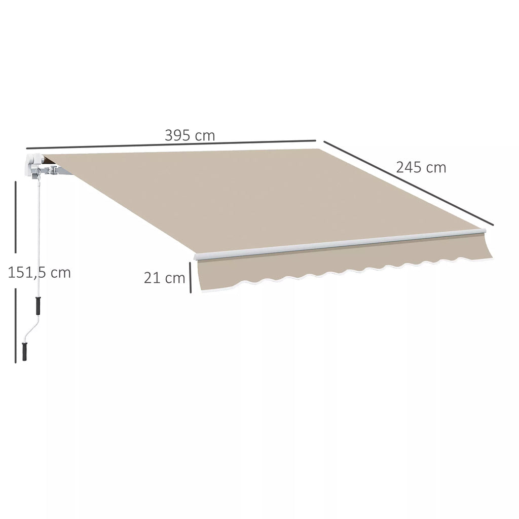 Schema su markizės matmenimis: 395 × 245 cm, iškyša 151,5 cm