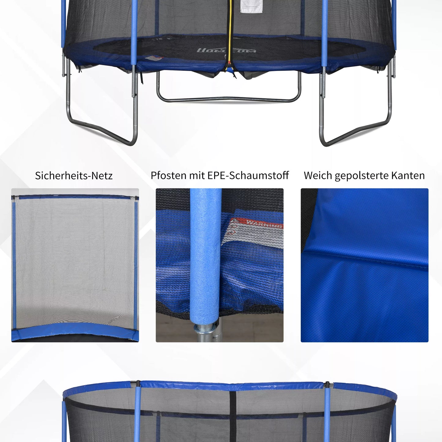 Trampolinas su apsauginiu tinklu, sodo batutas vidaus ir lauko naudojimui, fitneso batutas paaugliams ir suaugusiems. Plienas, mėlyna+juoda. Iki 113,6 kg. Ø305 x 248A cm