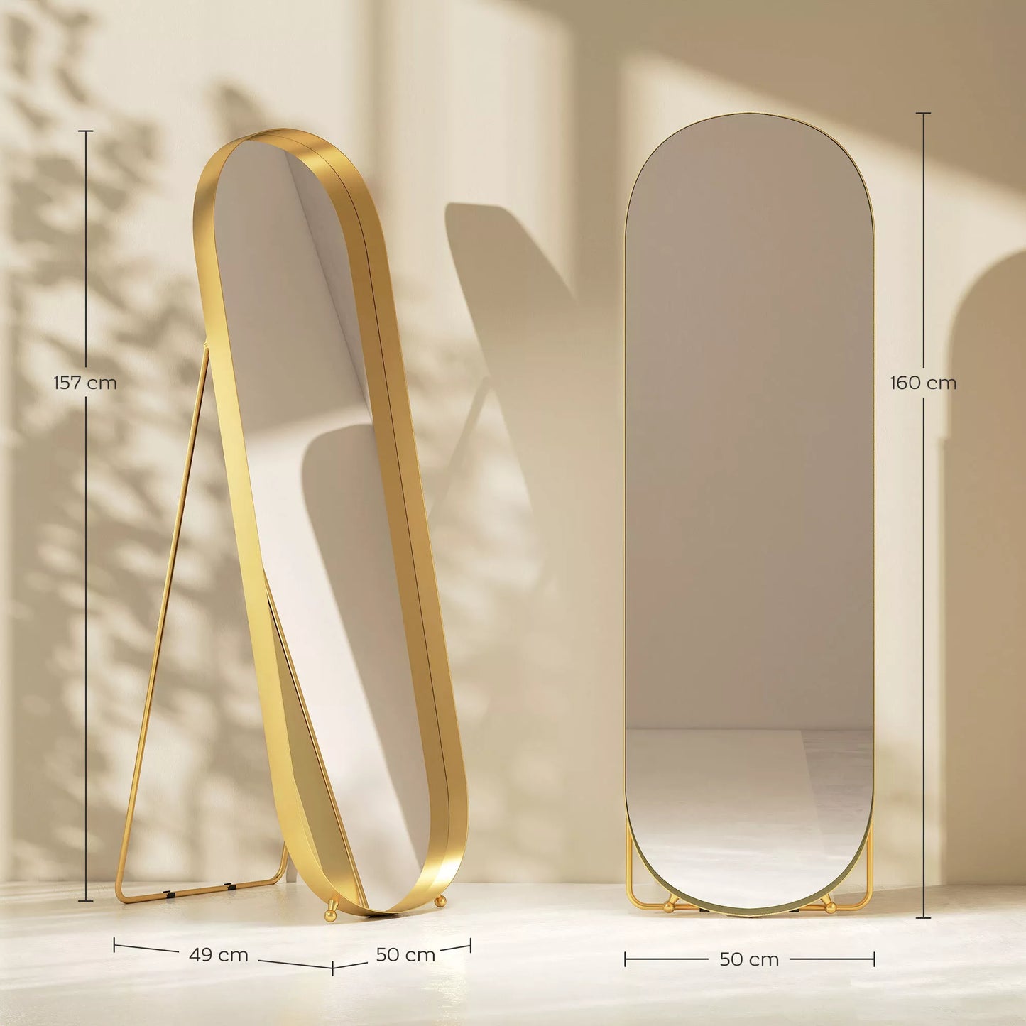 Viso kūno veidrodis su metaliniu rėmu, 160 x 50 cm, auksiniu rėmu, skirta svetainei, miegamajam