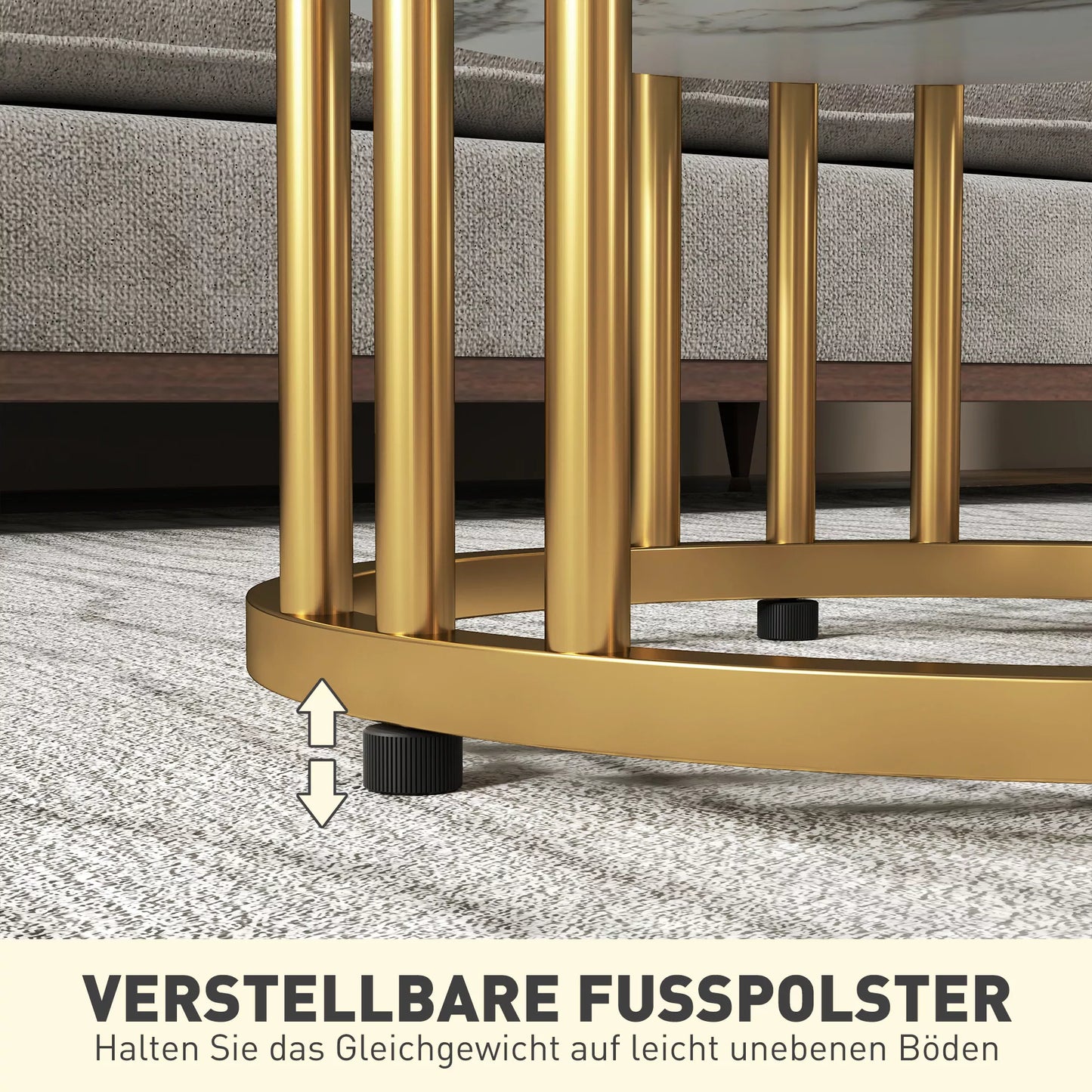 Apvalus staliukų komplektas iš 2 vnt., kavos staleliai su marmuro išvaizda, atvira daiktadėžė ir metalinis rėmas