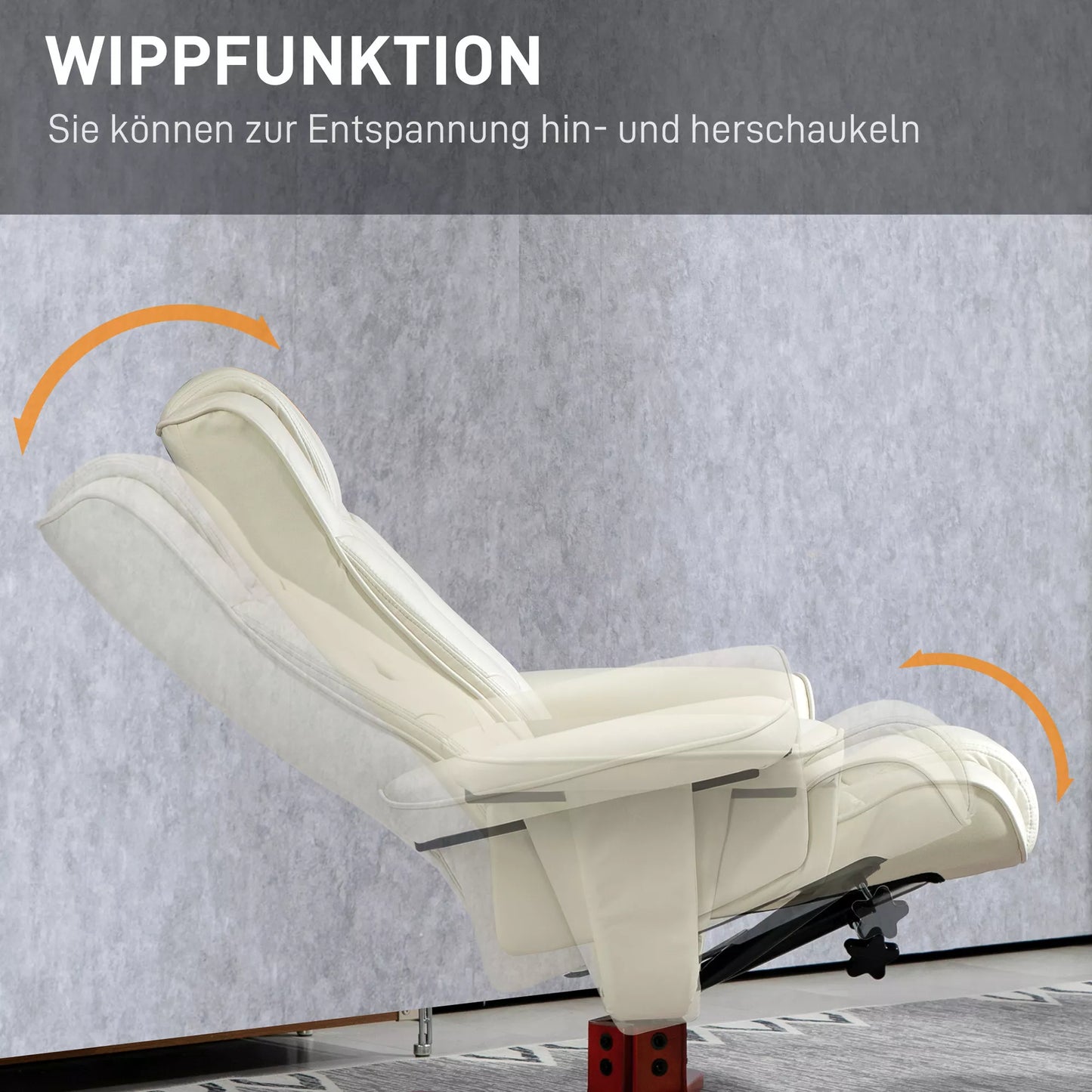 Relaksinis krėslas su pakoja, odos imitacijos, atlošiama nugarėle, iki 150 kg, kreminės baltos spalvos