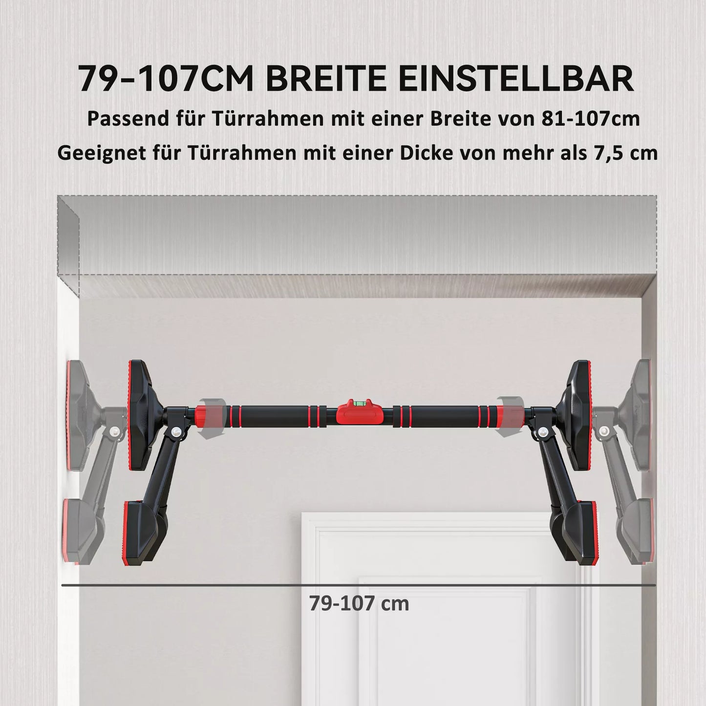 Reguliuojamas prisitraukimo strypas 80-110cm, su gulsčiuku, 6 taškų atrama, metalinis, juoda/raudona