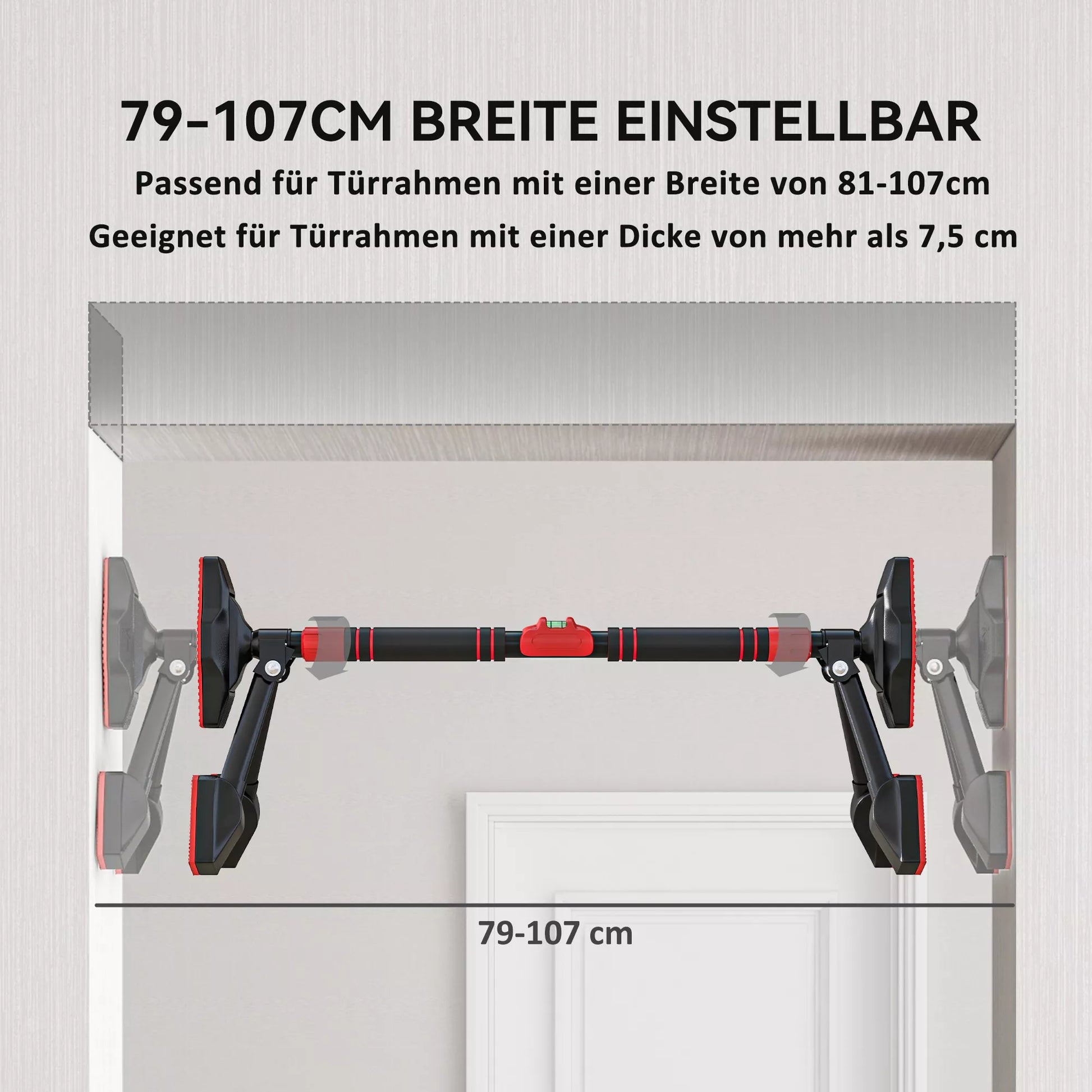 Reguliuojamas prisitraukimo strypas 80-110cm, su gulsčiuku, 6 taškų atrama, metalinis, juoda/raudona