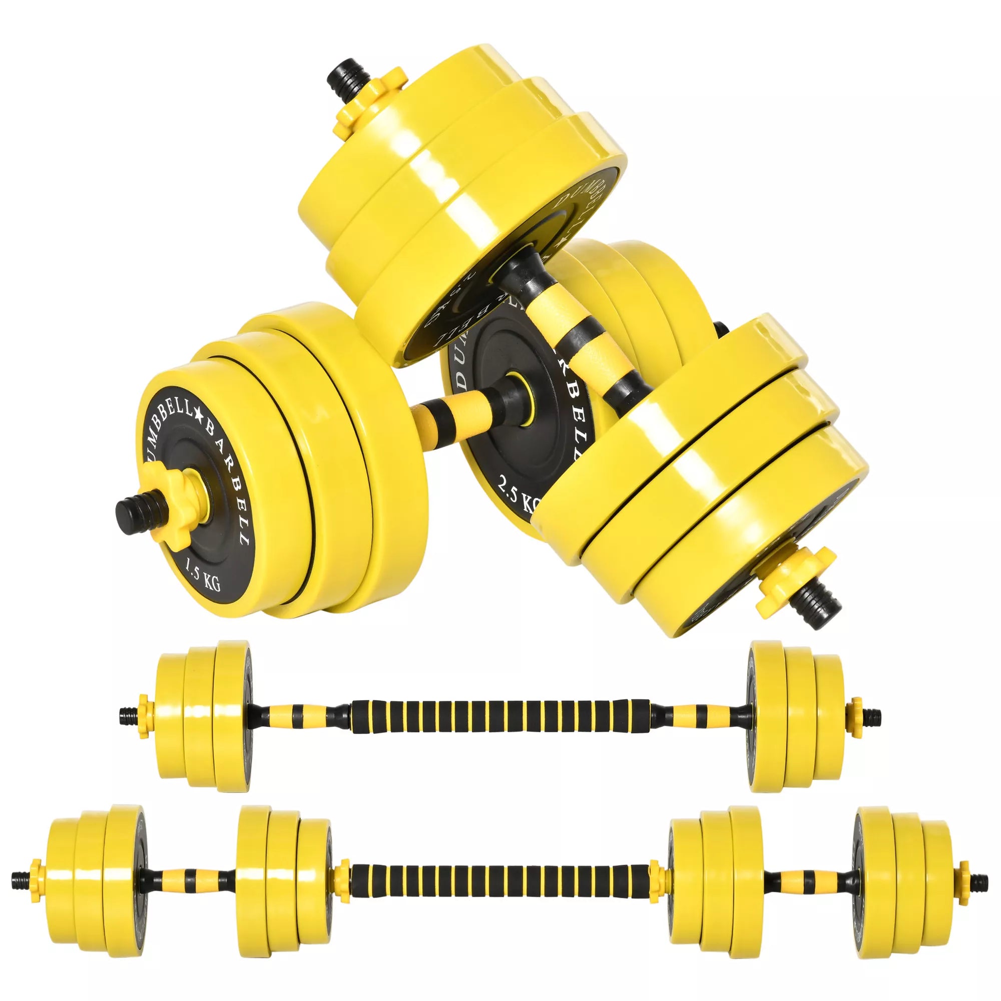Hantelių ir štangos rinkinys, 25 kg, 3-in-1, geltonas ir juodas