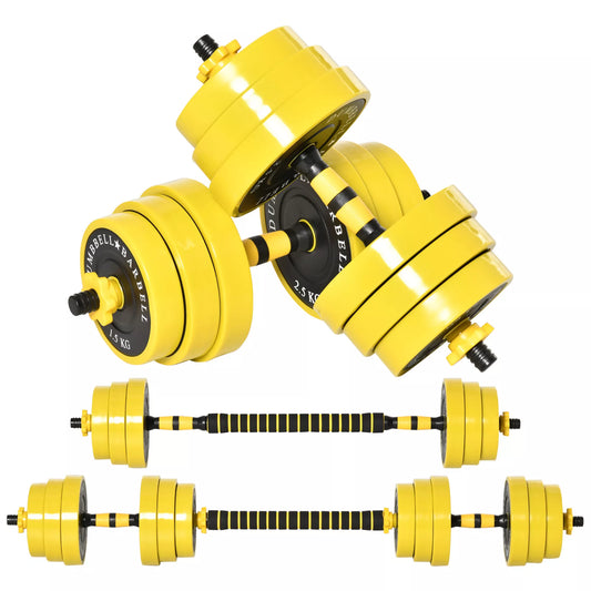 25 kg hantelis ir štanga,Reguliuojamas ergonomiškas 3-in-1 hantelių rinkinys,12 × plokštelės,2 × trumpi strypai,1 × ilgas strypas,Geltona+Juoda