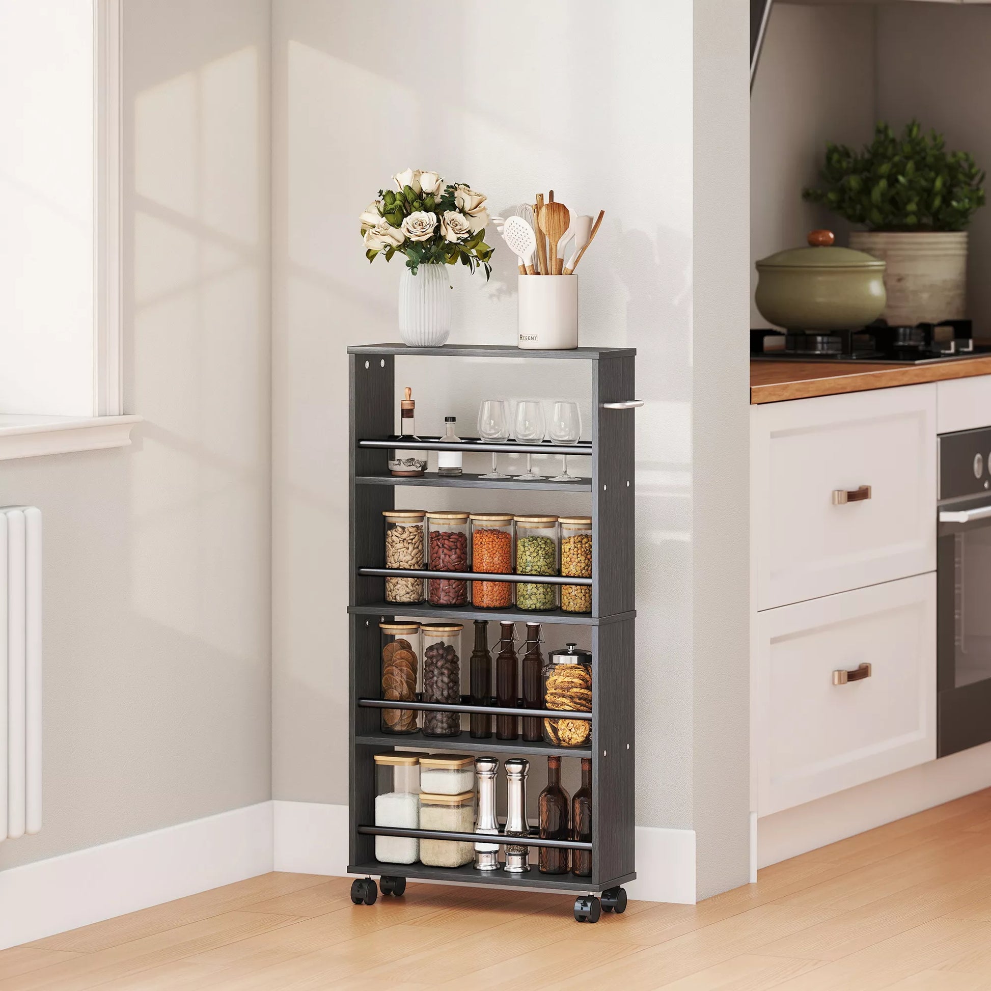 Daugiafunkcinė lentyna su ratukais, siaura konstrukcija, 4 skyriai, 45x15x91 cm, juoda