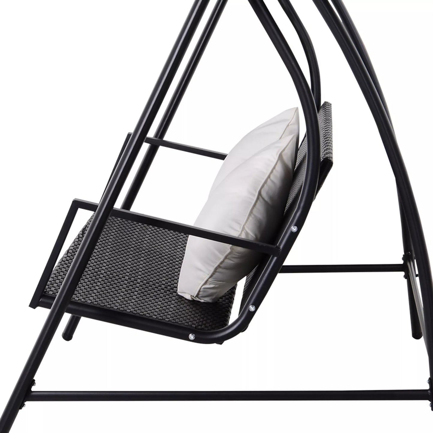 3 vietų poliratano ir metalo holivudinis suoliukas-supynės su pagalvėlėmis, atlaiko iki 360 kg, naujas (juodas)