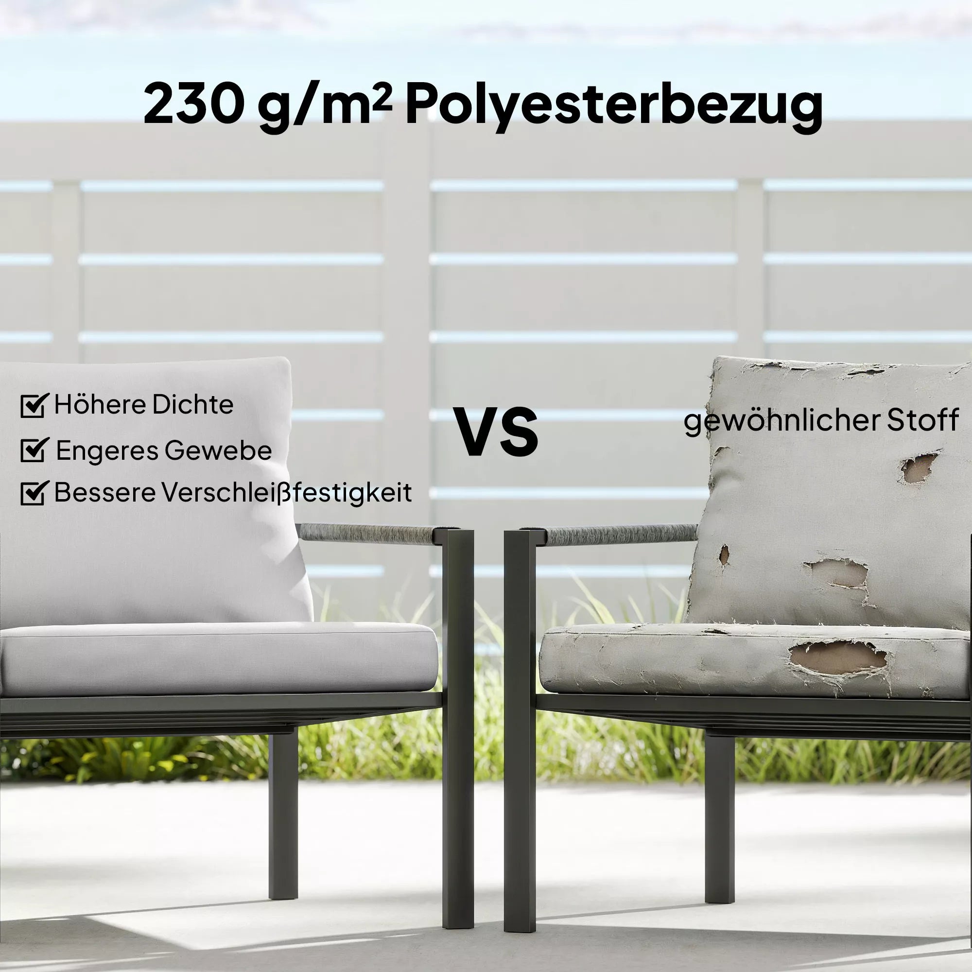 Sodo baldų komplektas 4 asmenims, atsparus oro sąlygoms, balkono baldų komplektas su dviviete sofa, foteliais, sėdimojo pagalvėlėmis ir pagalbiniu staliuku, šviesiai pilkos spalvos