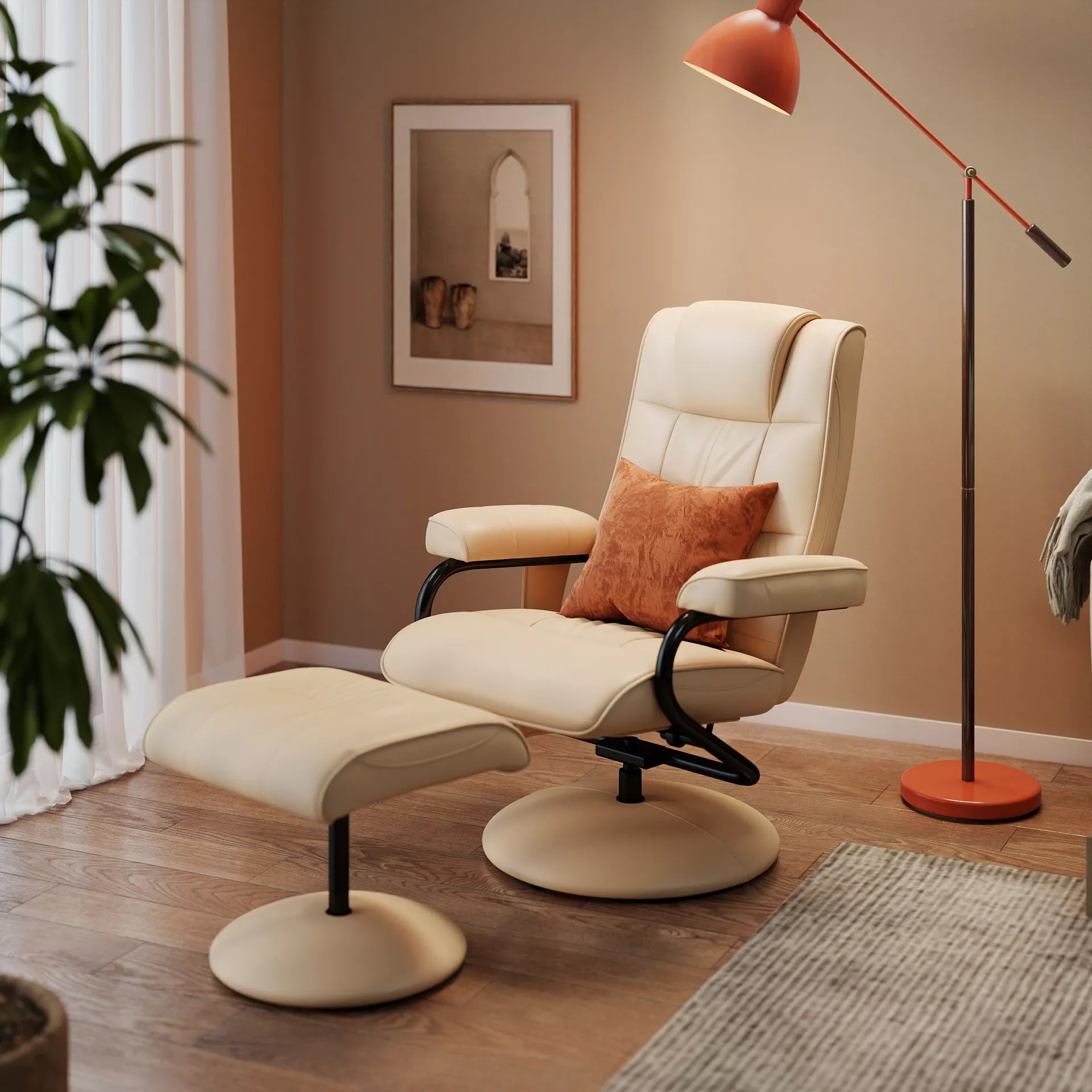 Masažinė kėdė su pakoja, besisukantis relaksacinis fotelis su masažo funkcija, elektrinis fotelis su gulėjimo funkcija, nuotolinio valdymo pultelis svetainei, dirbtinė oda, kreminė