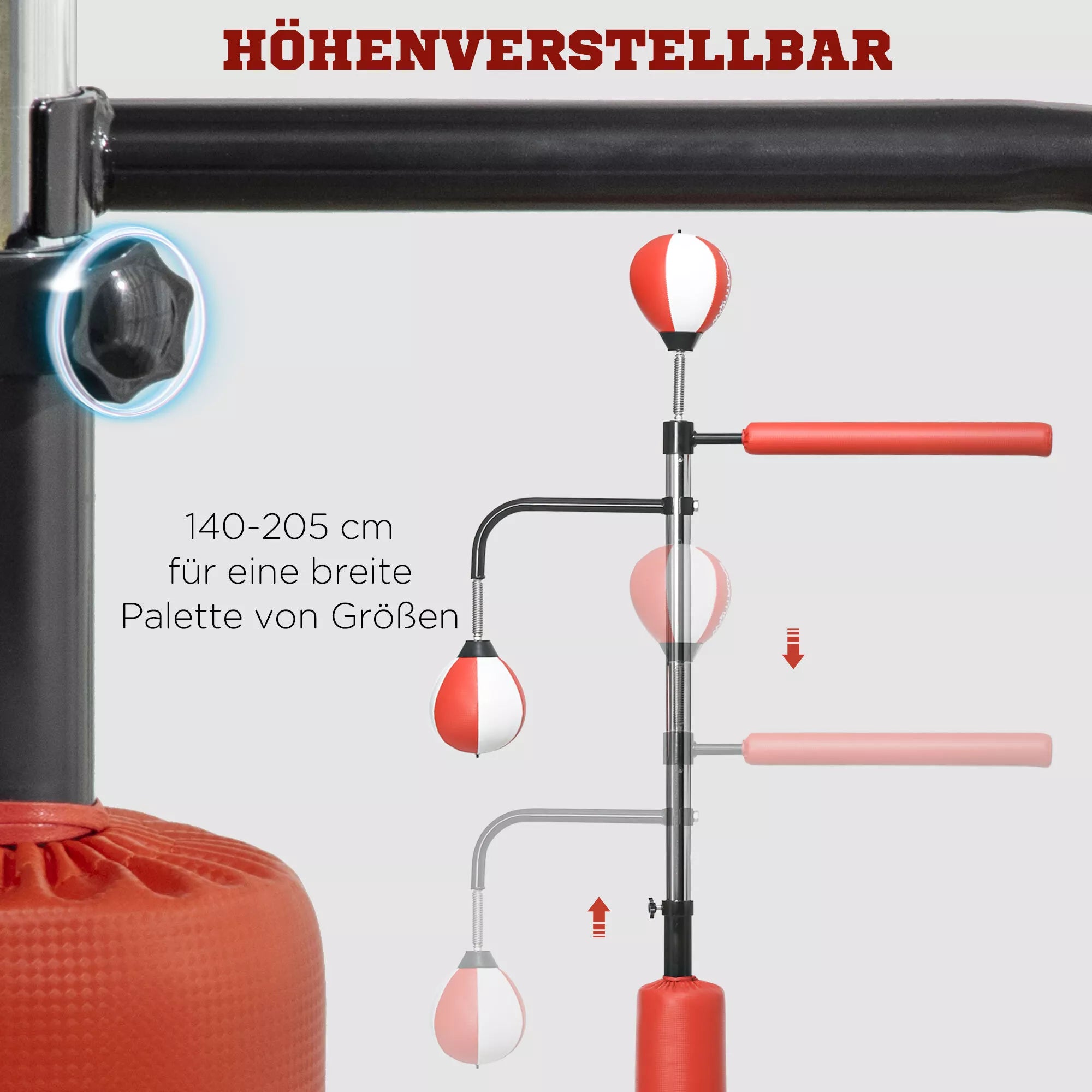 Boksavimo stendas, du greitųjų kamuolių stovai, pasukamas boksavimo stendas, kojų apsaugos, reguliuojamas aukštis, plienas, 107 x 36 x 140–205 cm
